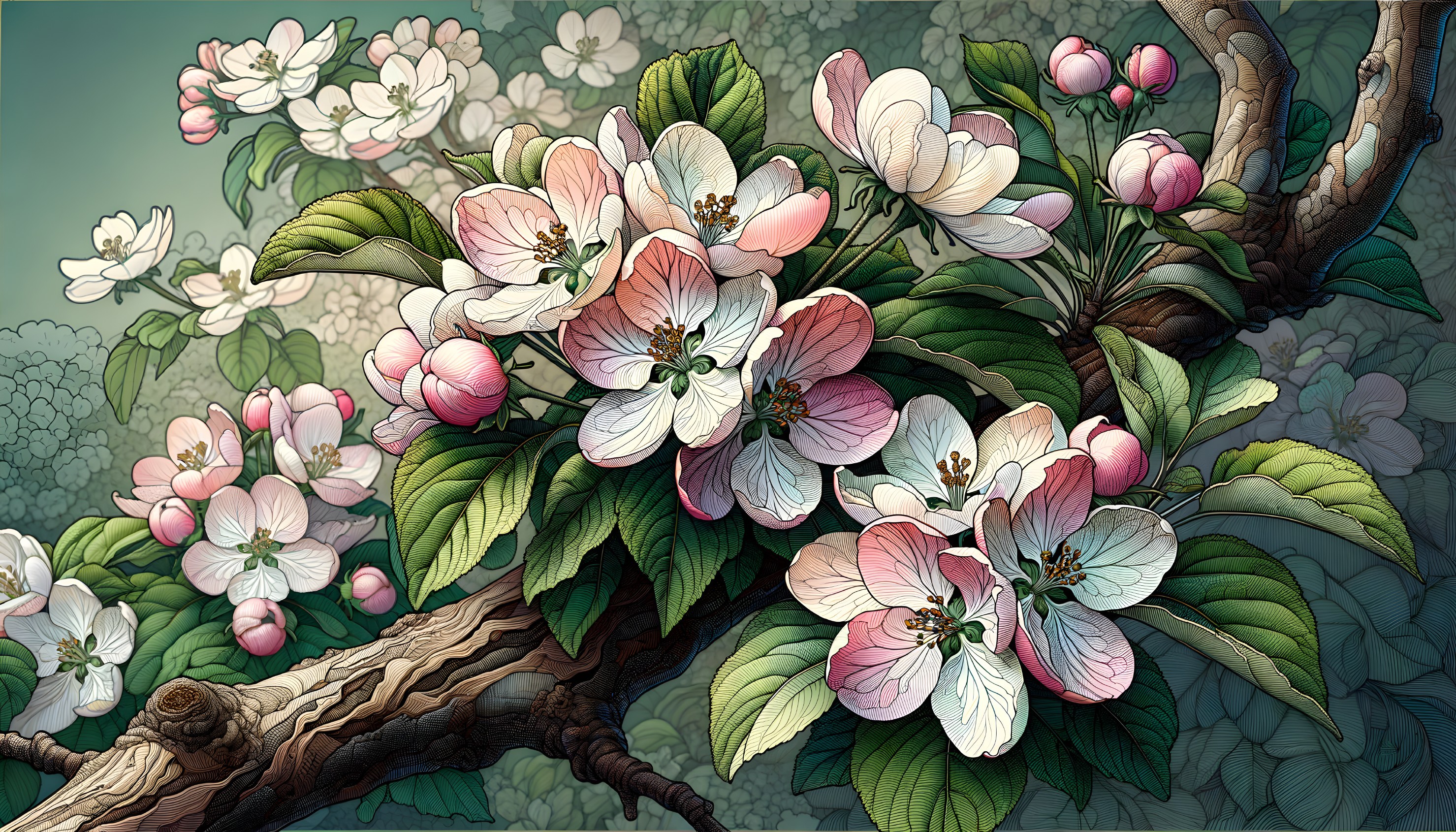 Blooming Pink and White Flowers on Tree Branch Illustration