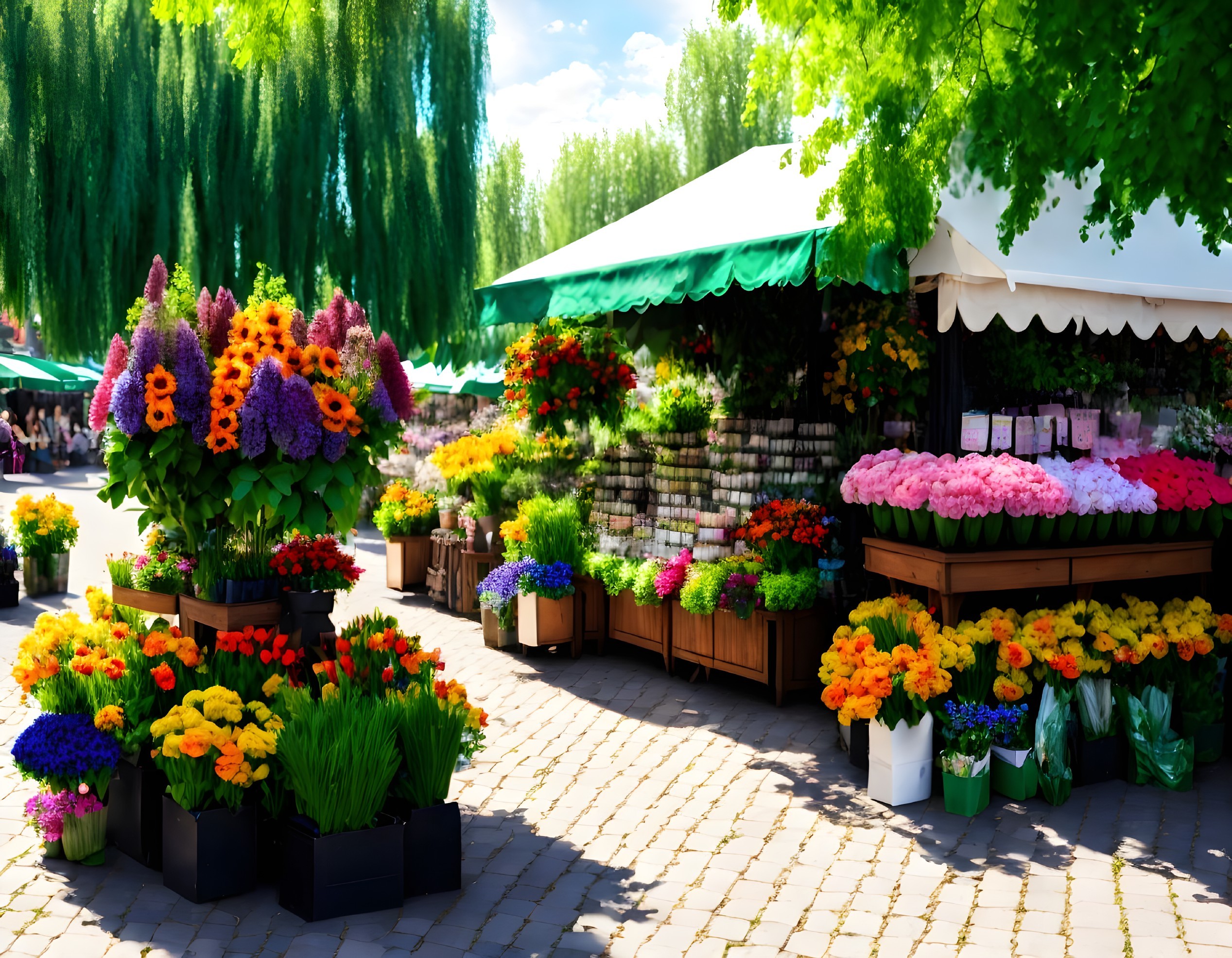 Vibrant Flower Market with Colorful Blooms and Canopies