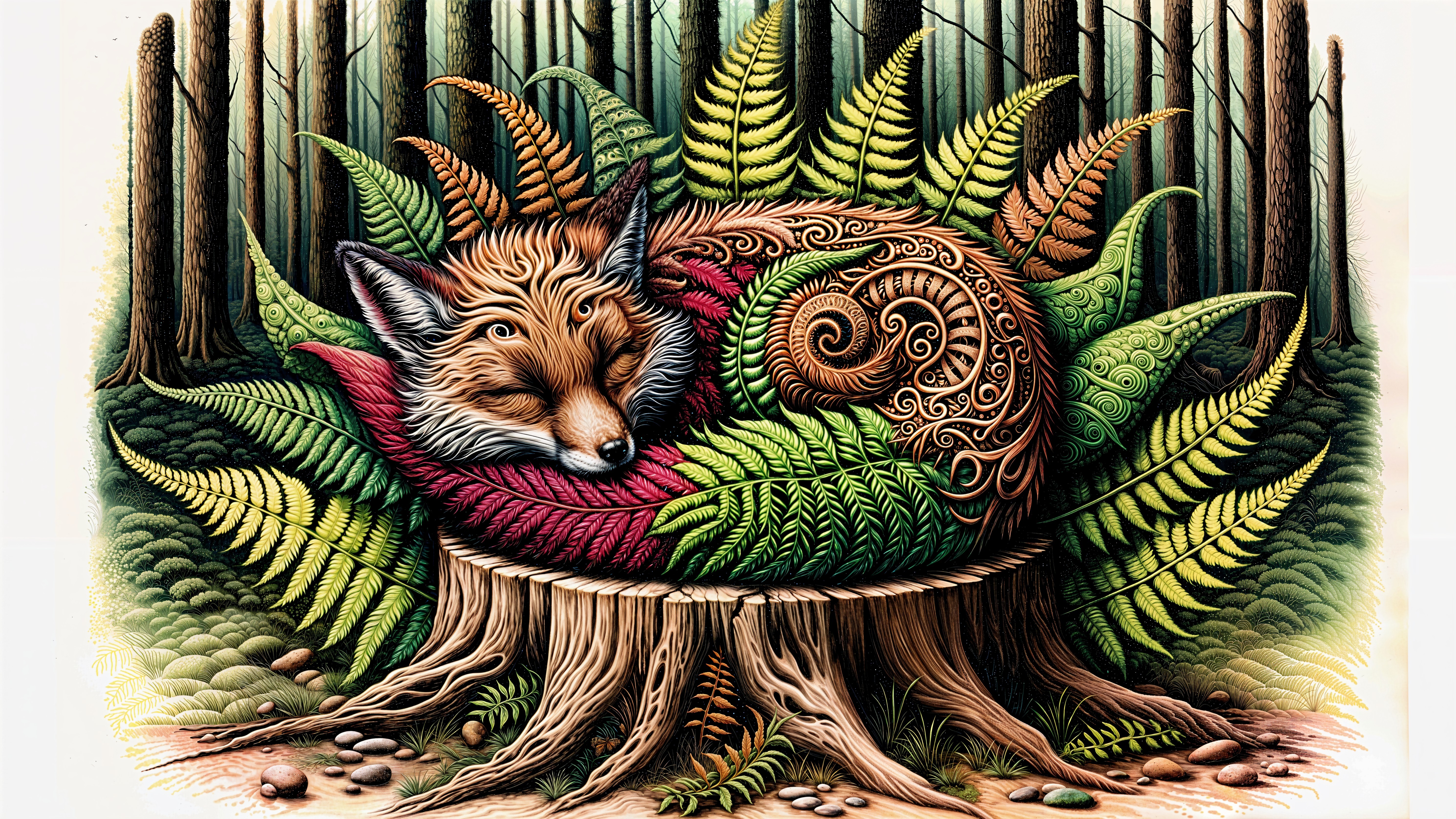Red Fox Illustration with Tribal Patterns in Forest