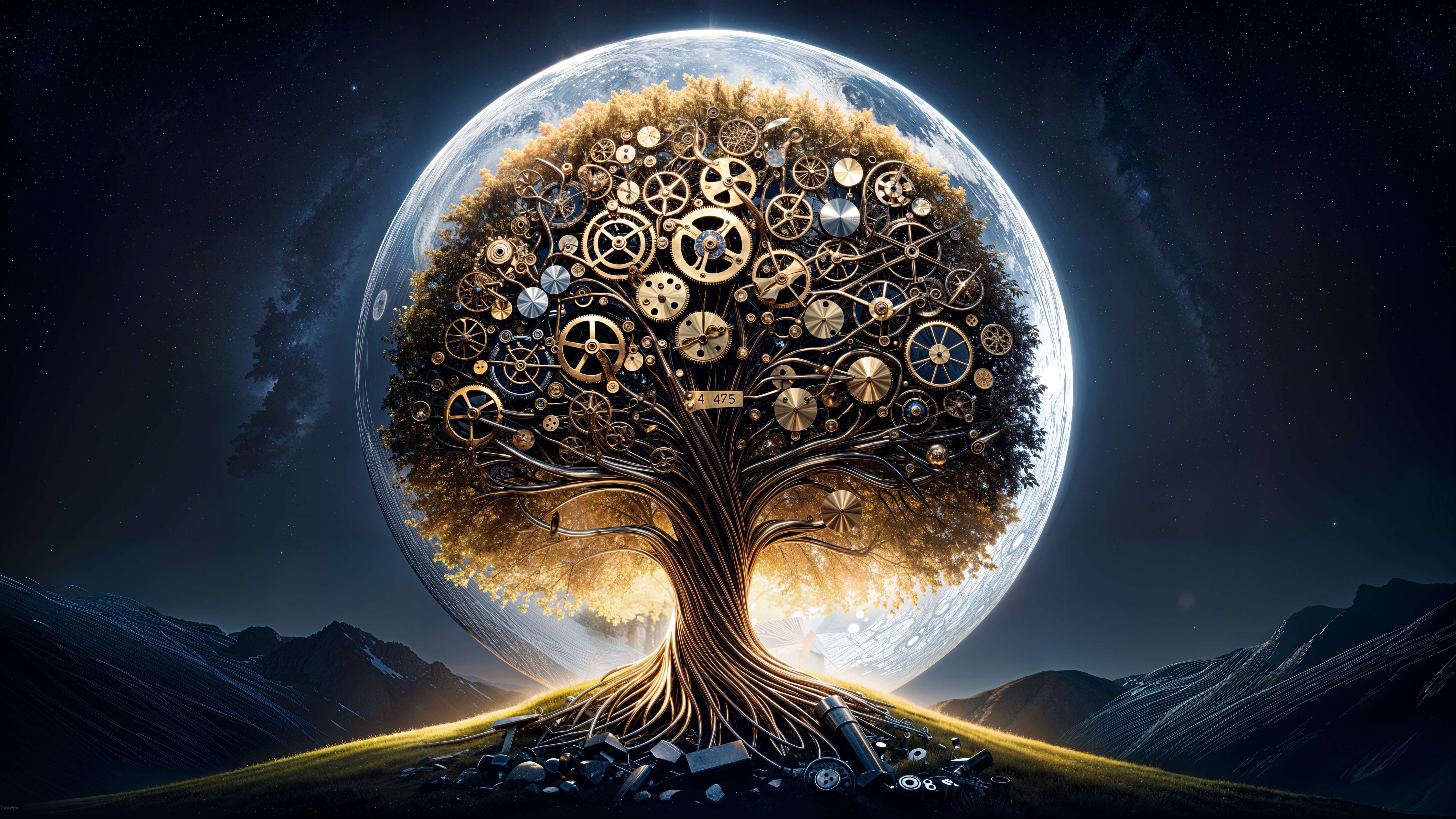 Mechanical Tree in Starry Landscape with Moon
