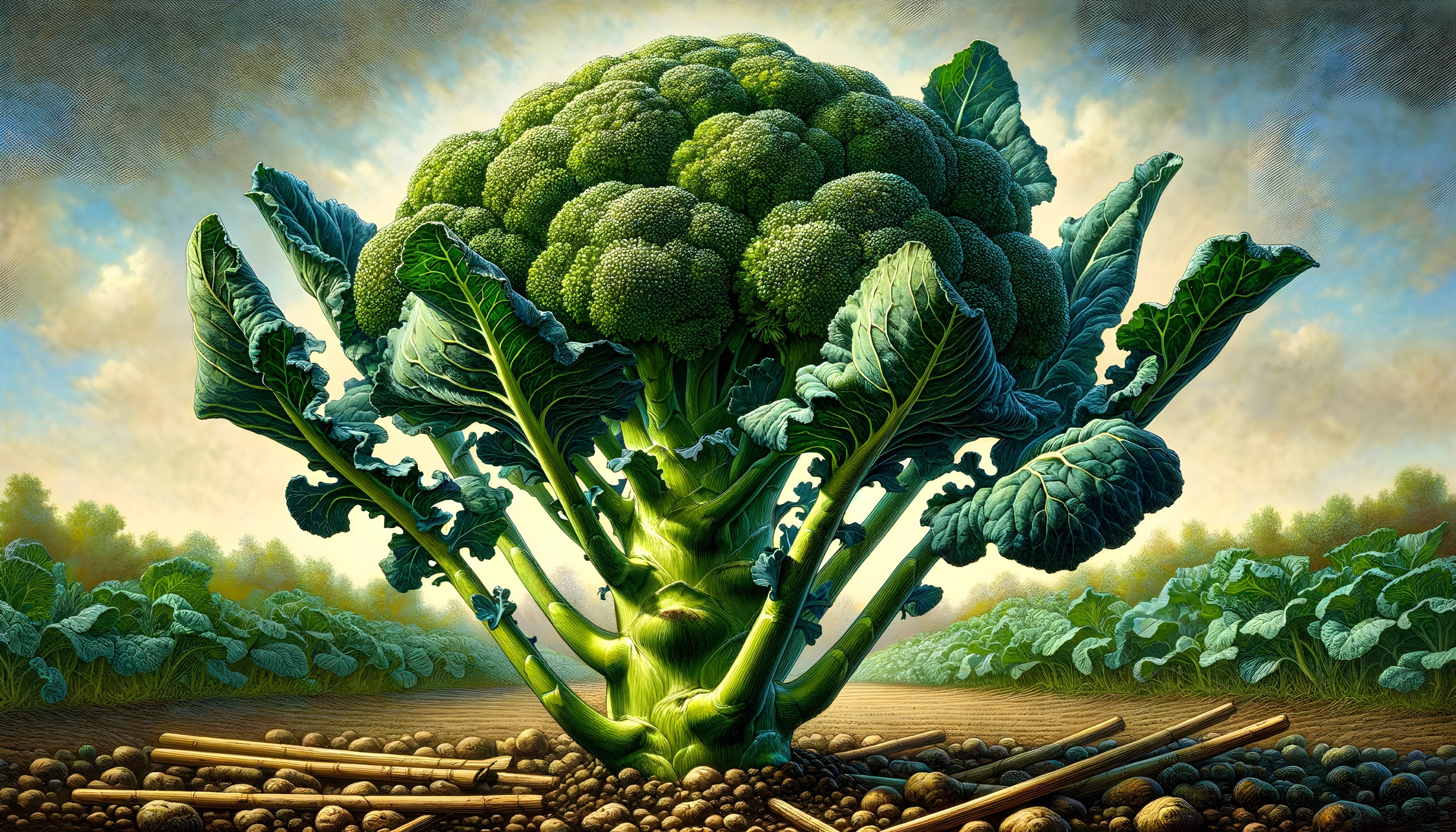 Oversized Broccoli in a Lush Green Field Scene