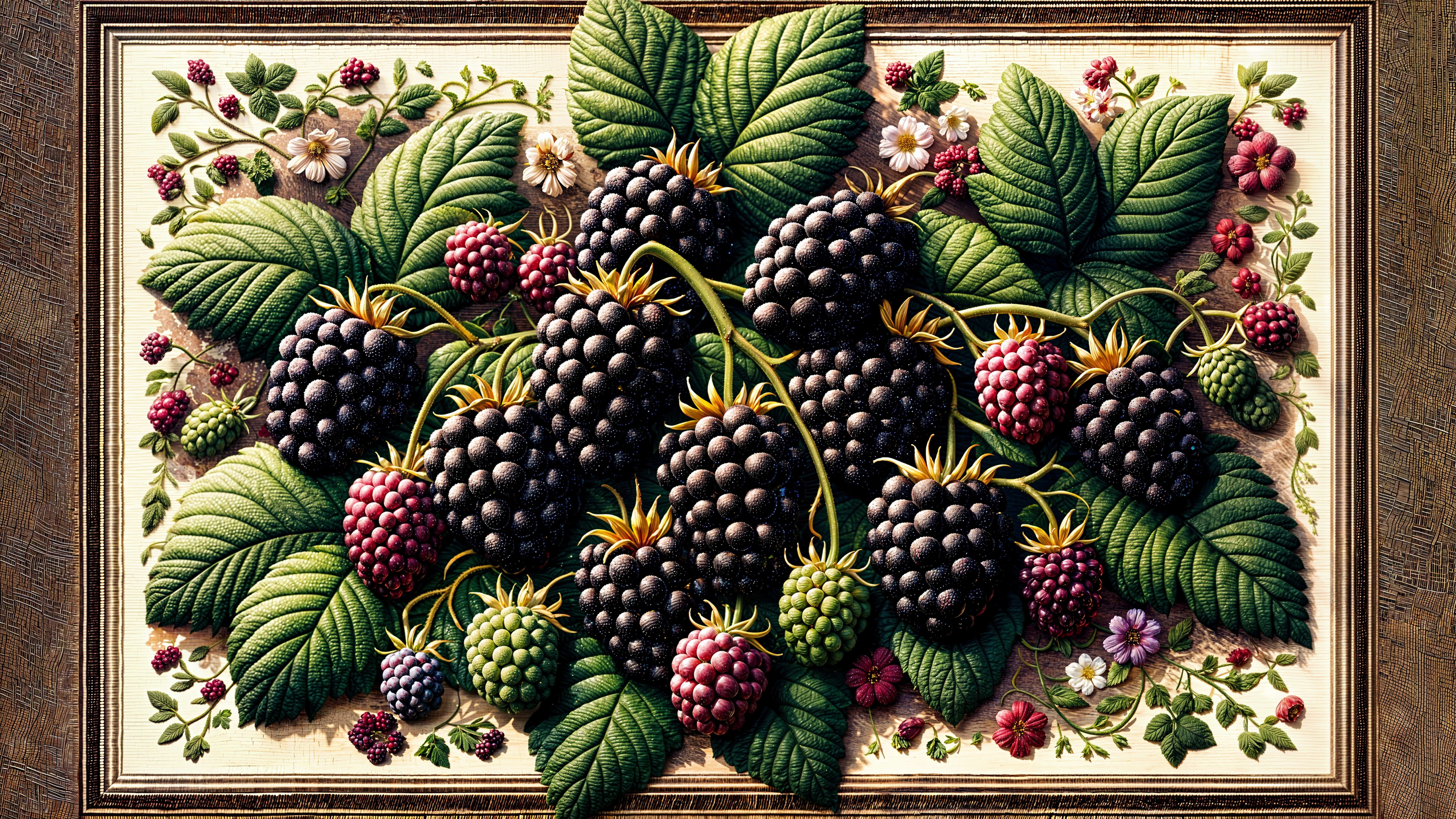 Illustration of Blackberries with Green Leaves and Flowers