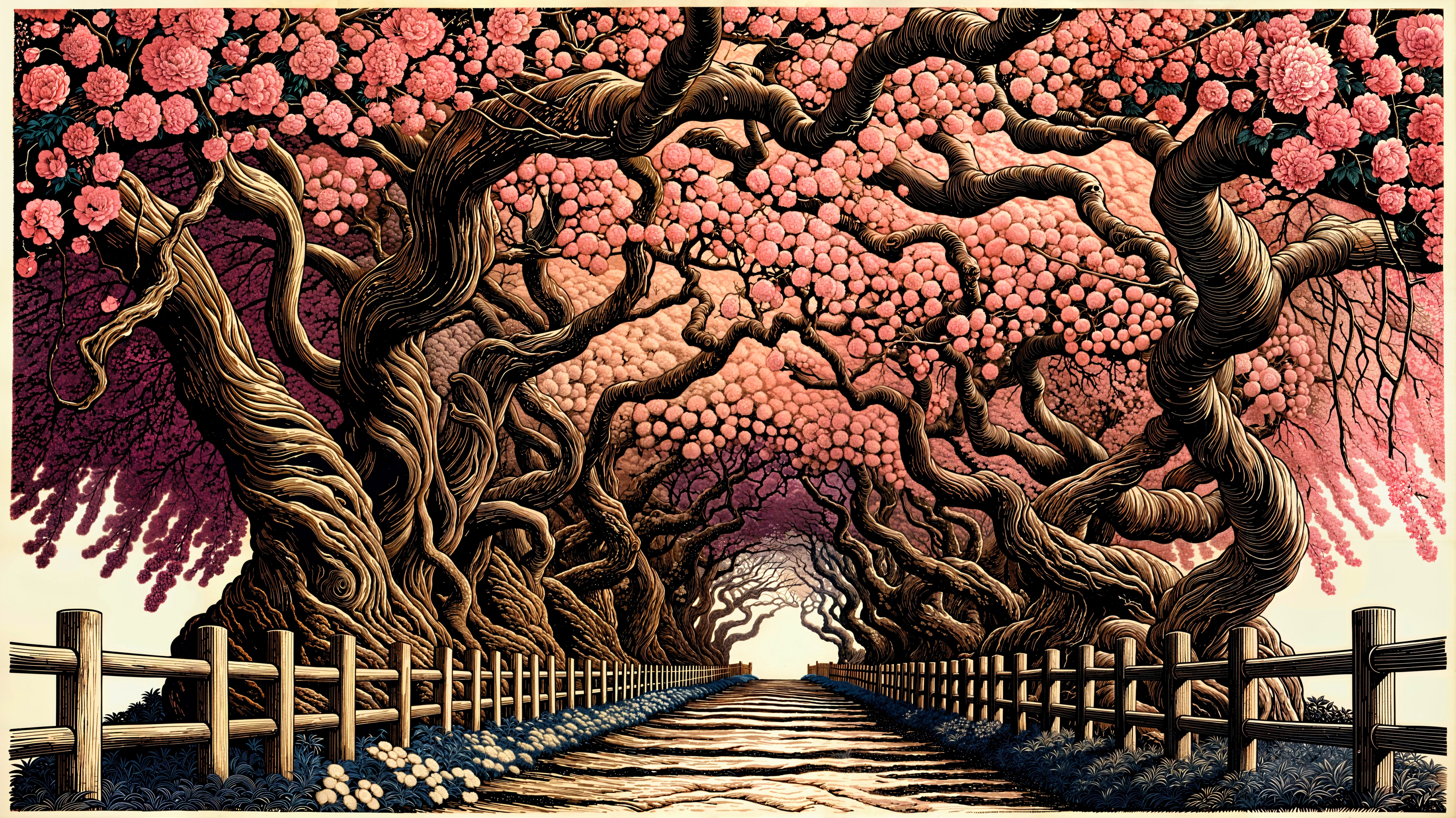Serene pathway with ancient trees and pink blossoms