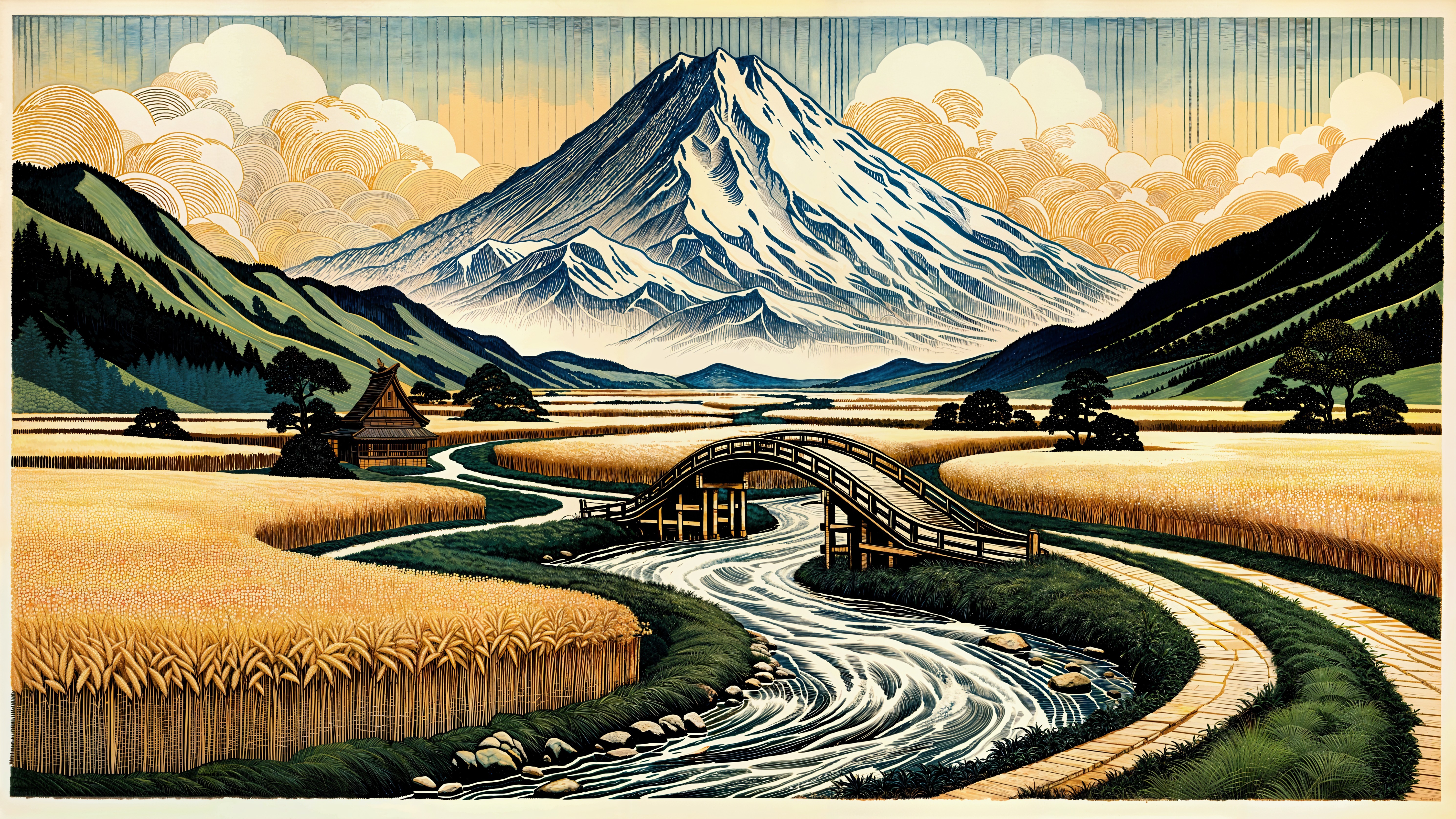 Serene Landscape with Snow-Capped Mountain and River