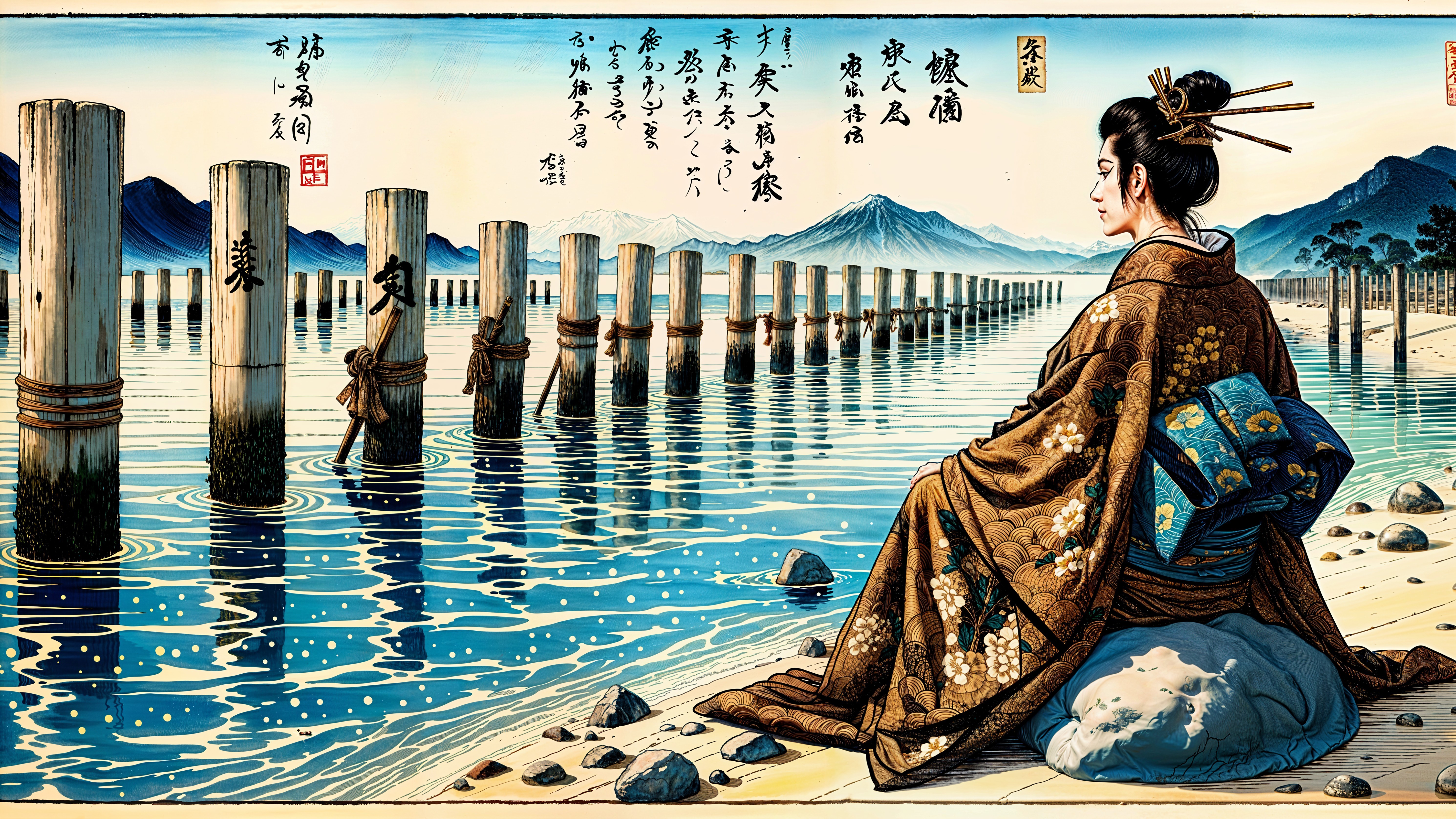 Serene Japanese Art Scene with Woman by Water
