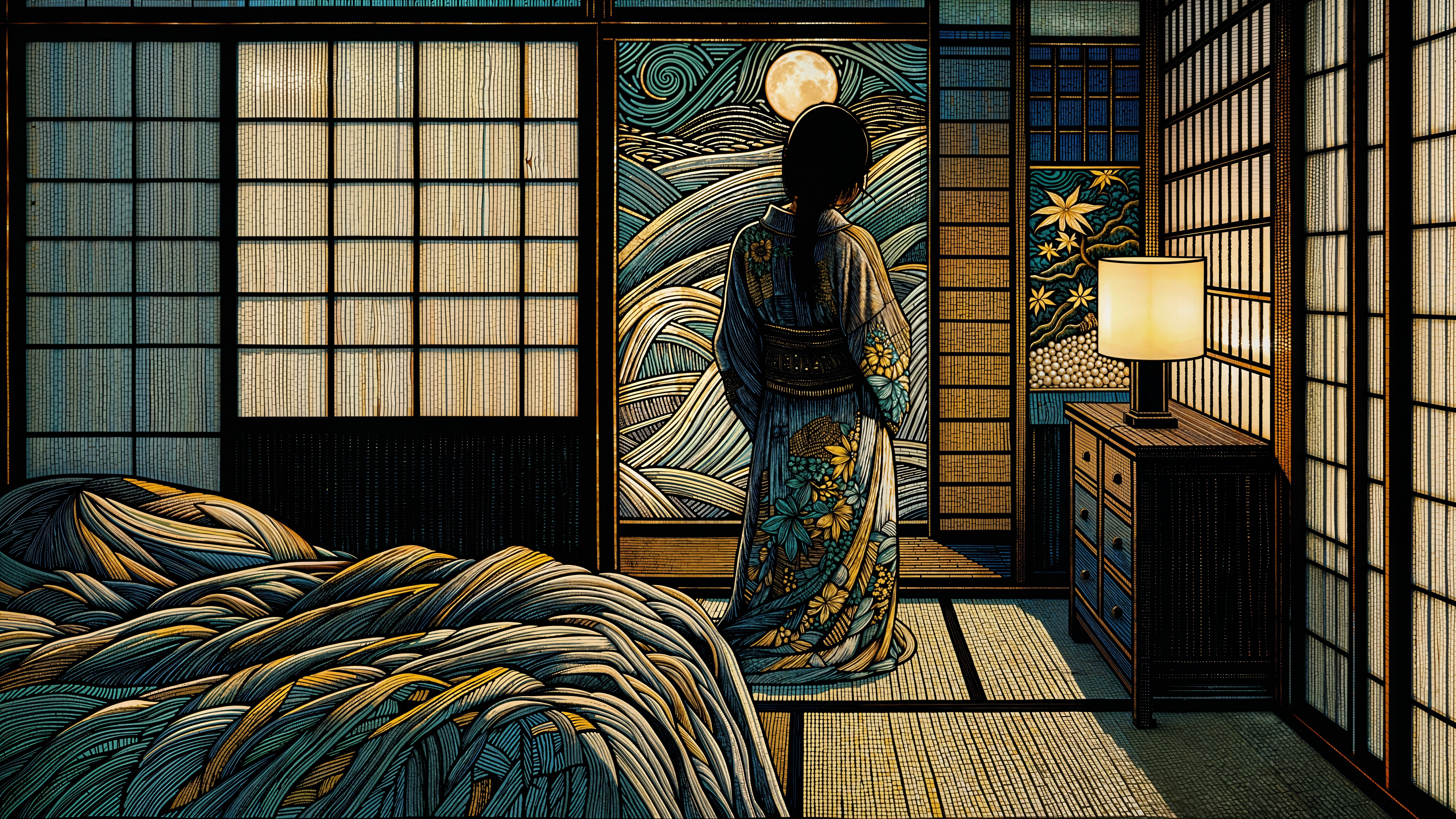 Traditional Japanese Room with Moonlit Landscape View
