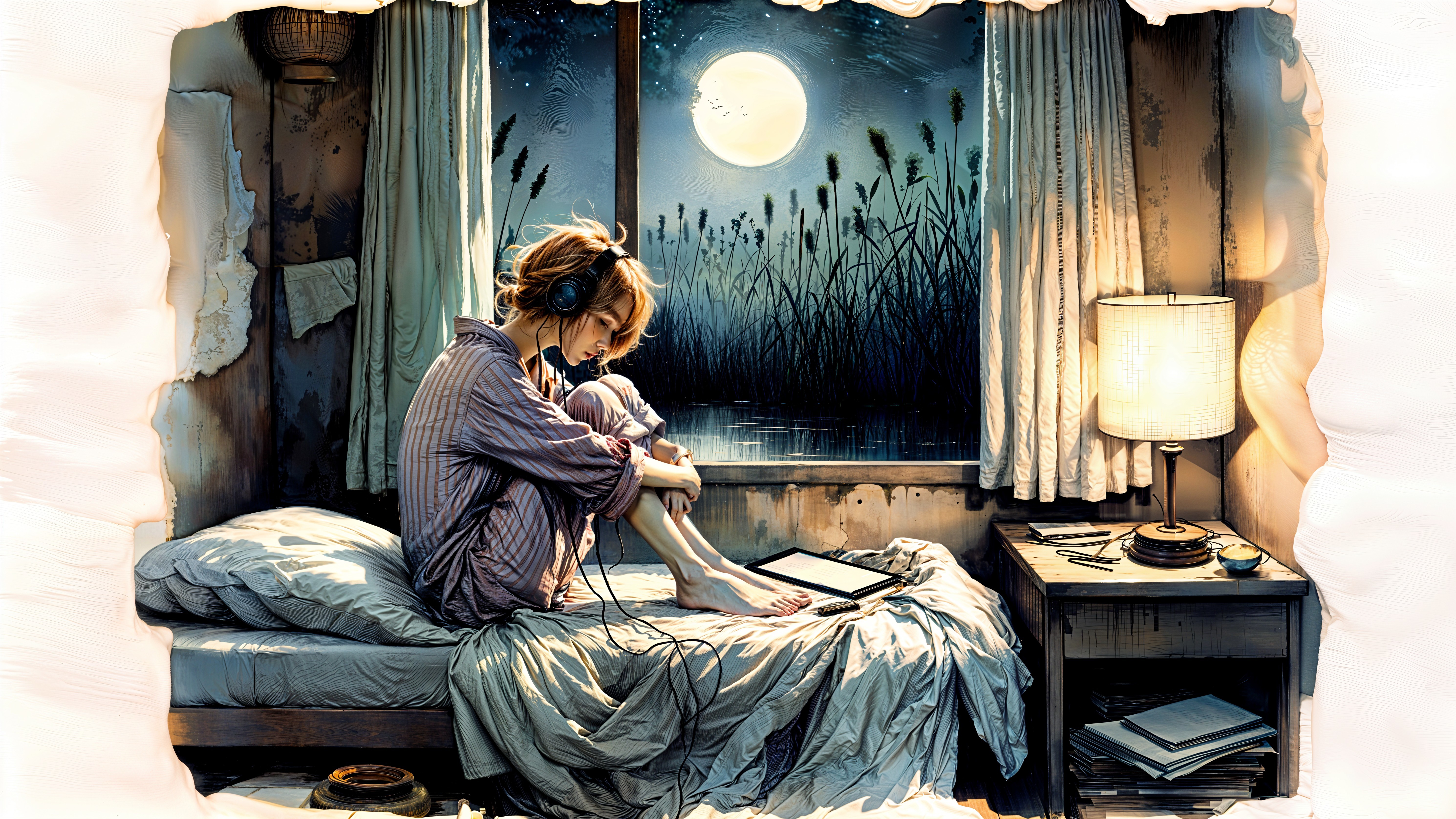 Young Woman in Dim Room with Moonlit Window Scene