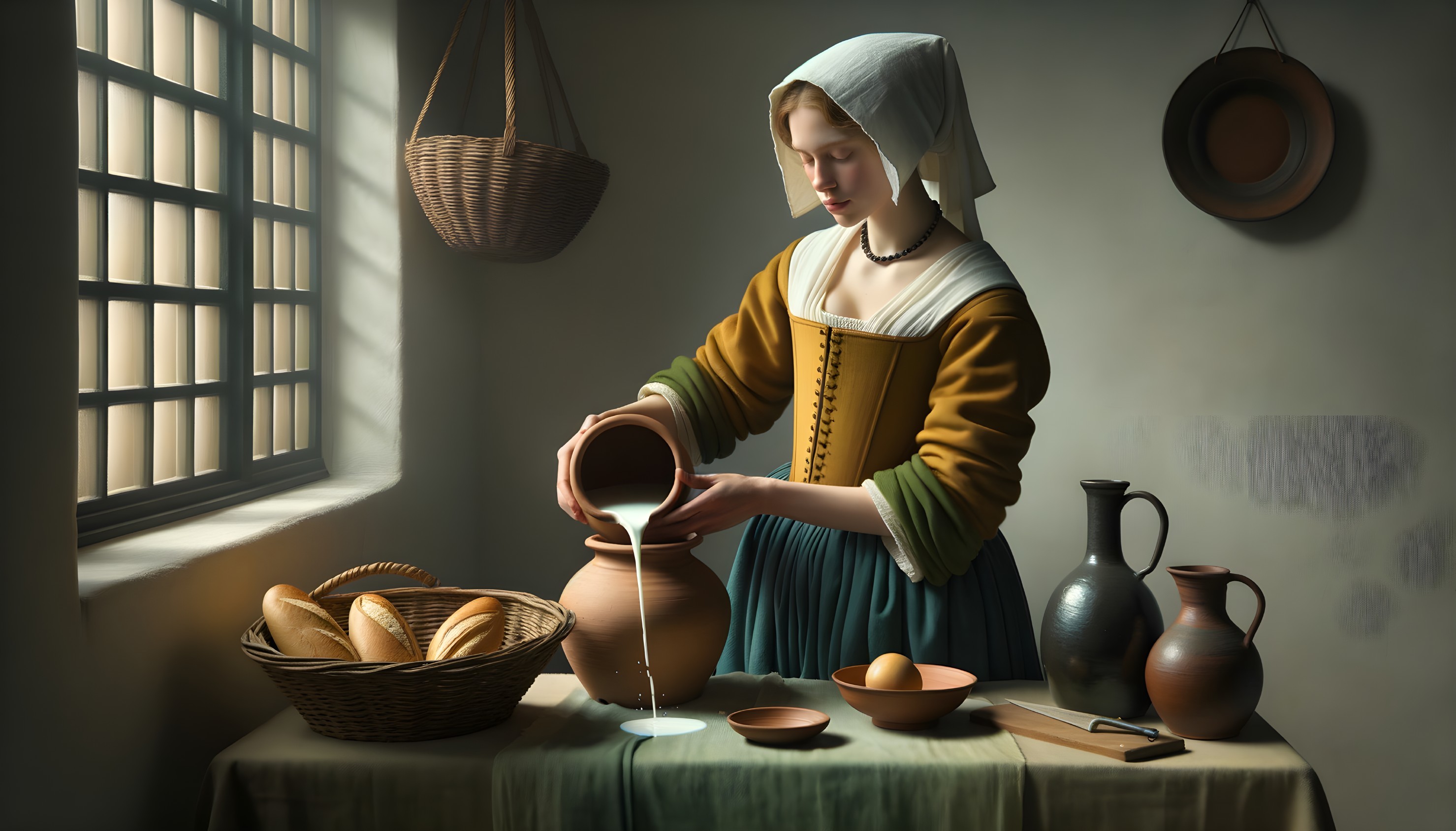 Woman in Traditional Dress Arranging Pottery Indoors