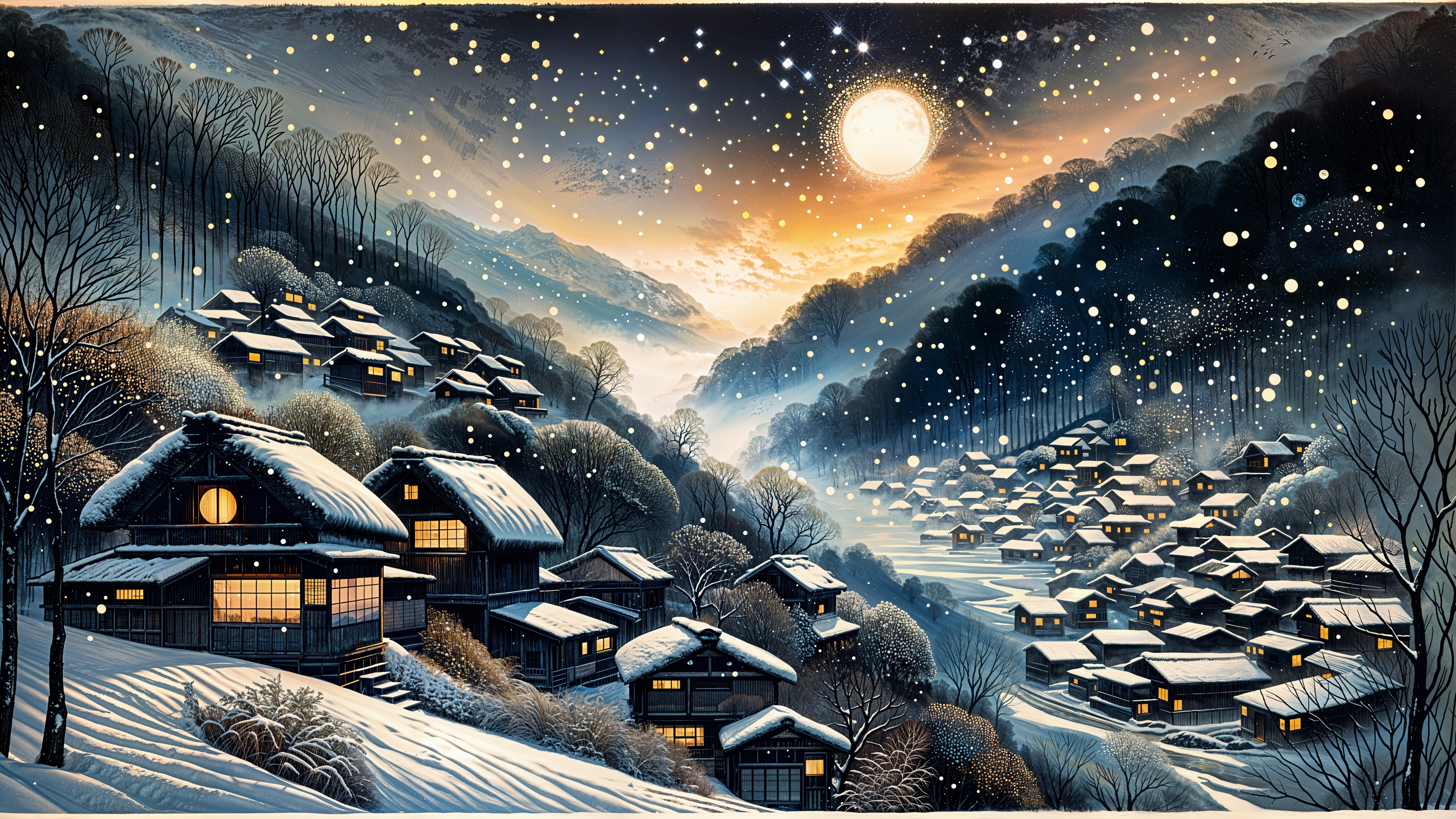 Serene Winter Landscape with Snowy Village and Moon