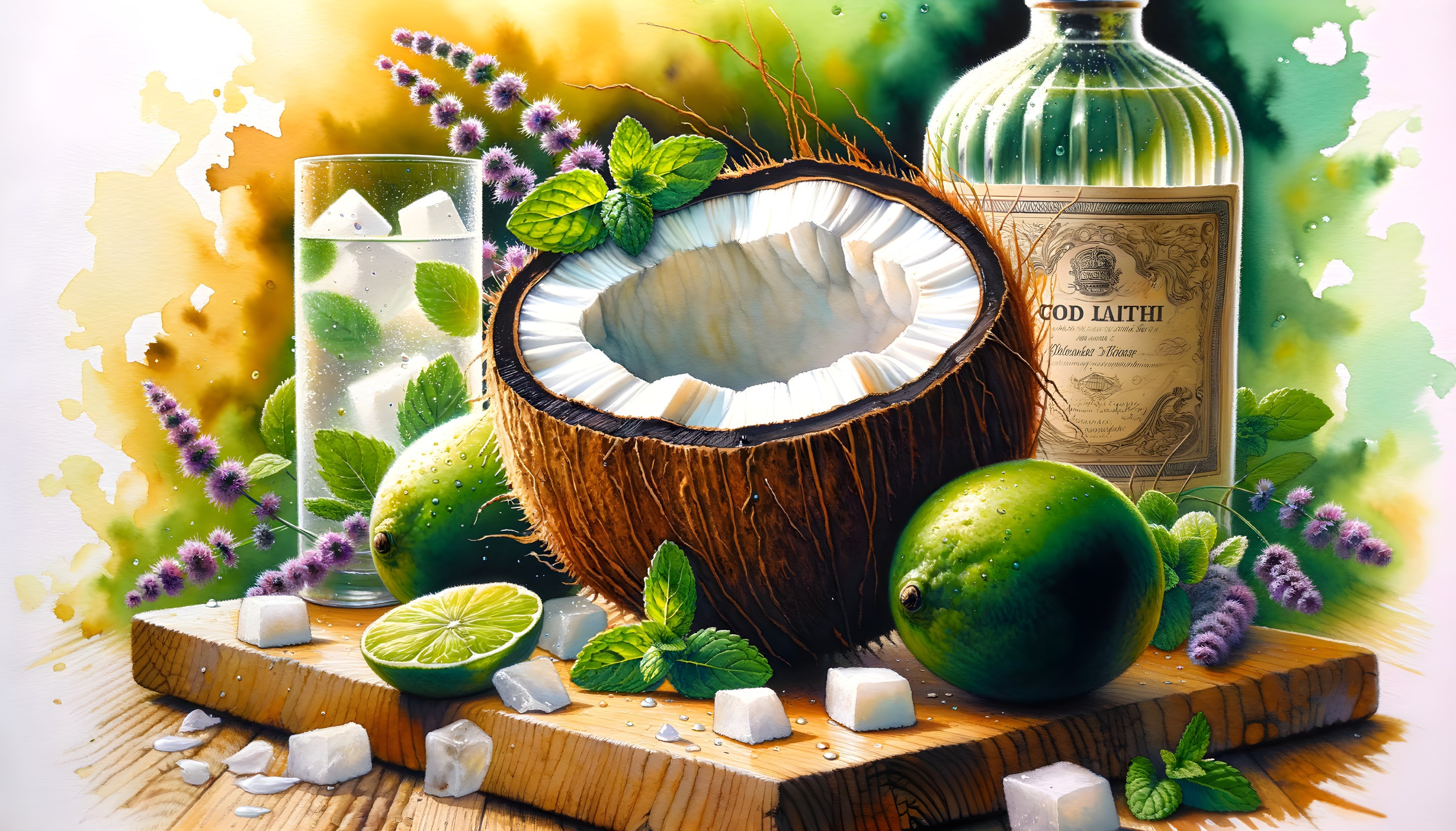 Tropical Scene with Coconut, Limes, and Refreshing Drink