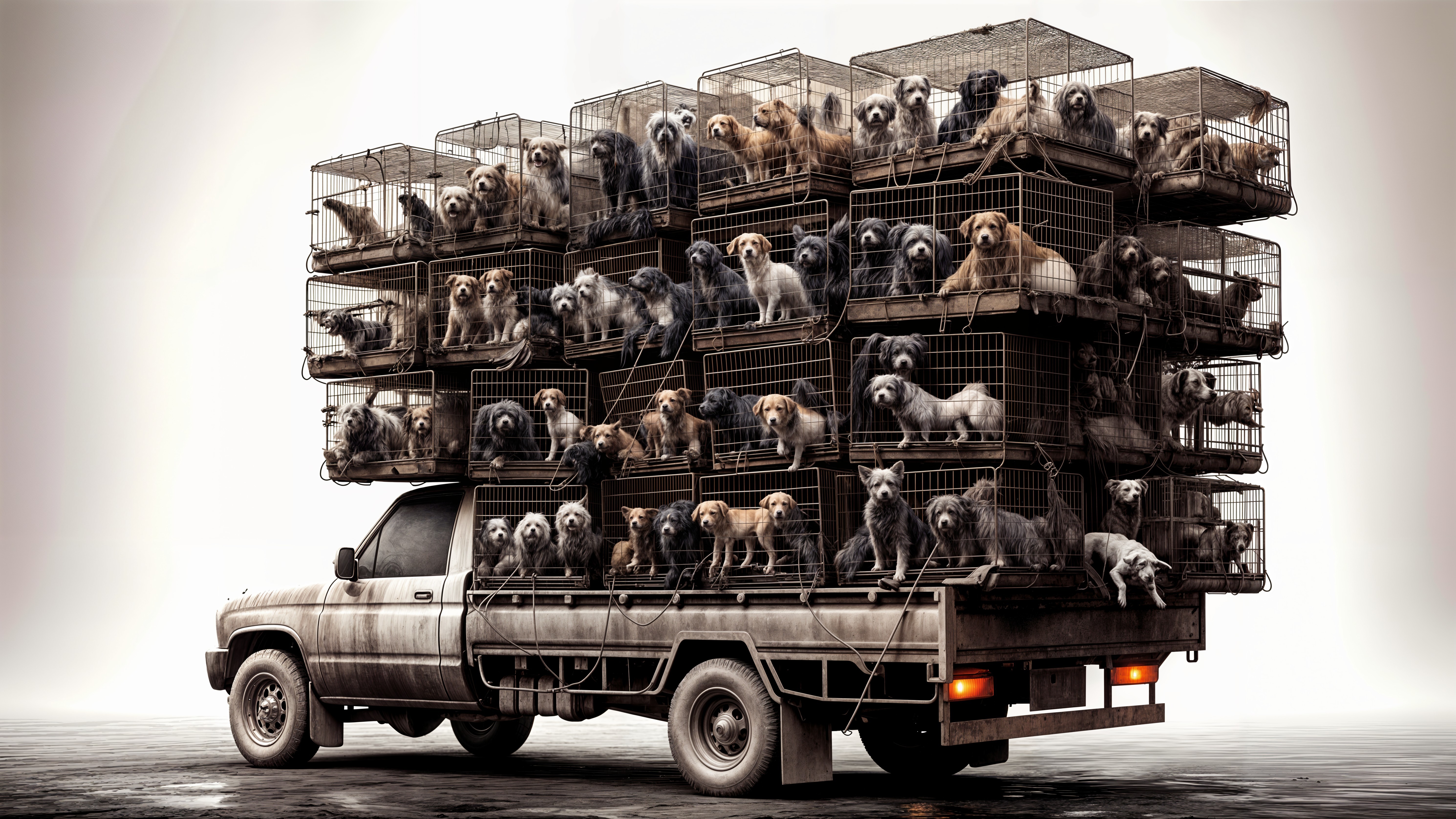 Overloaded Pickup Truck with Caged Dogs Displaying Emotions