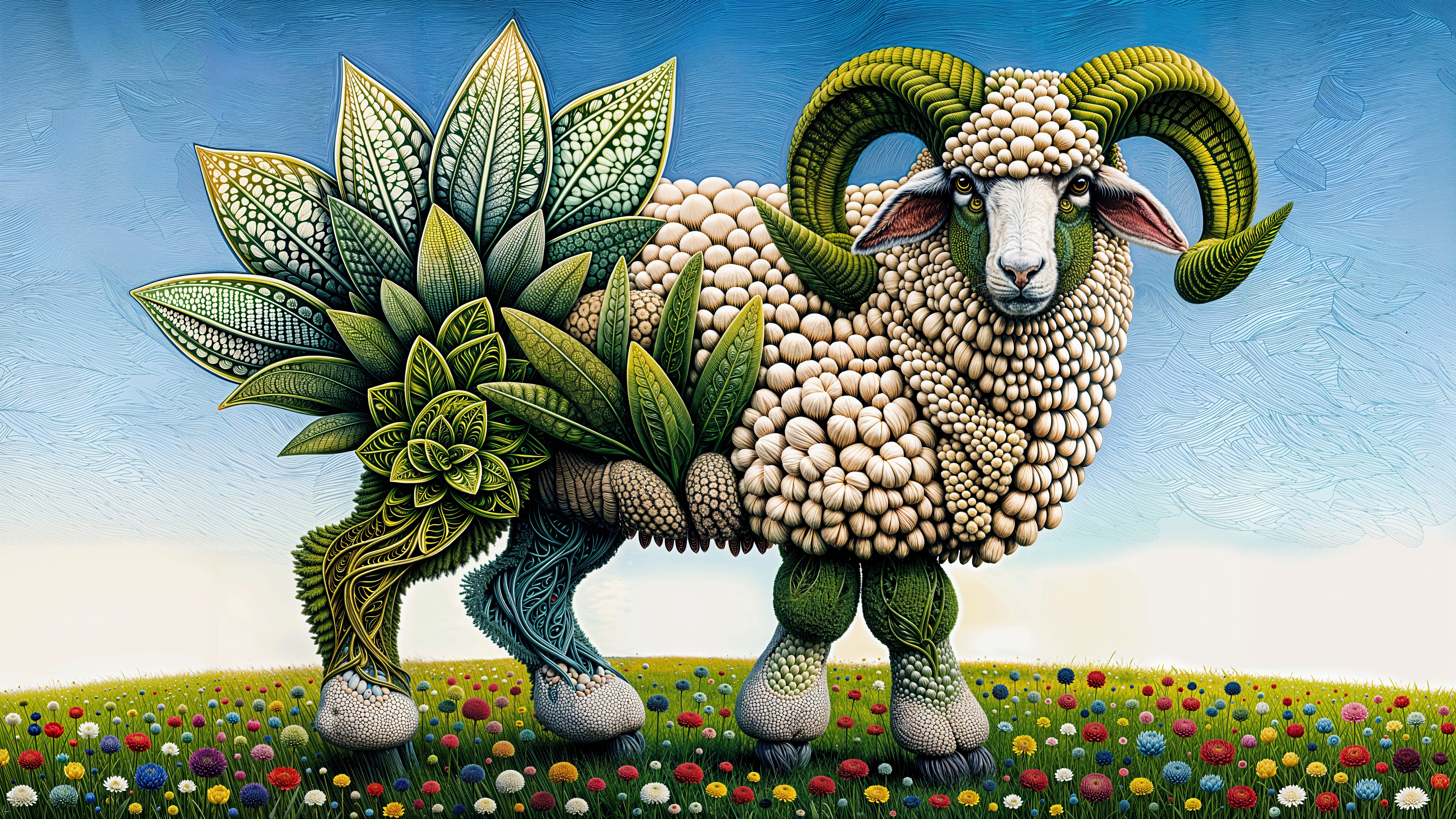 Detailed Artwork of a Succulent Ram in a Flower Field