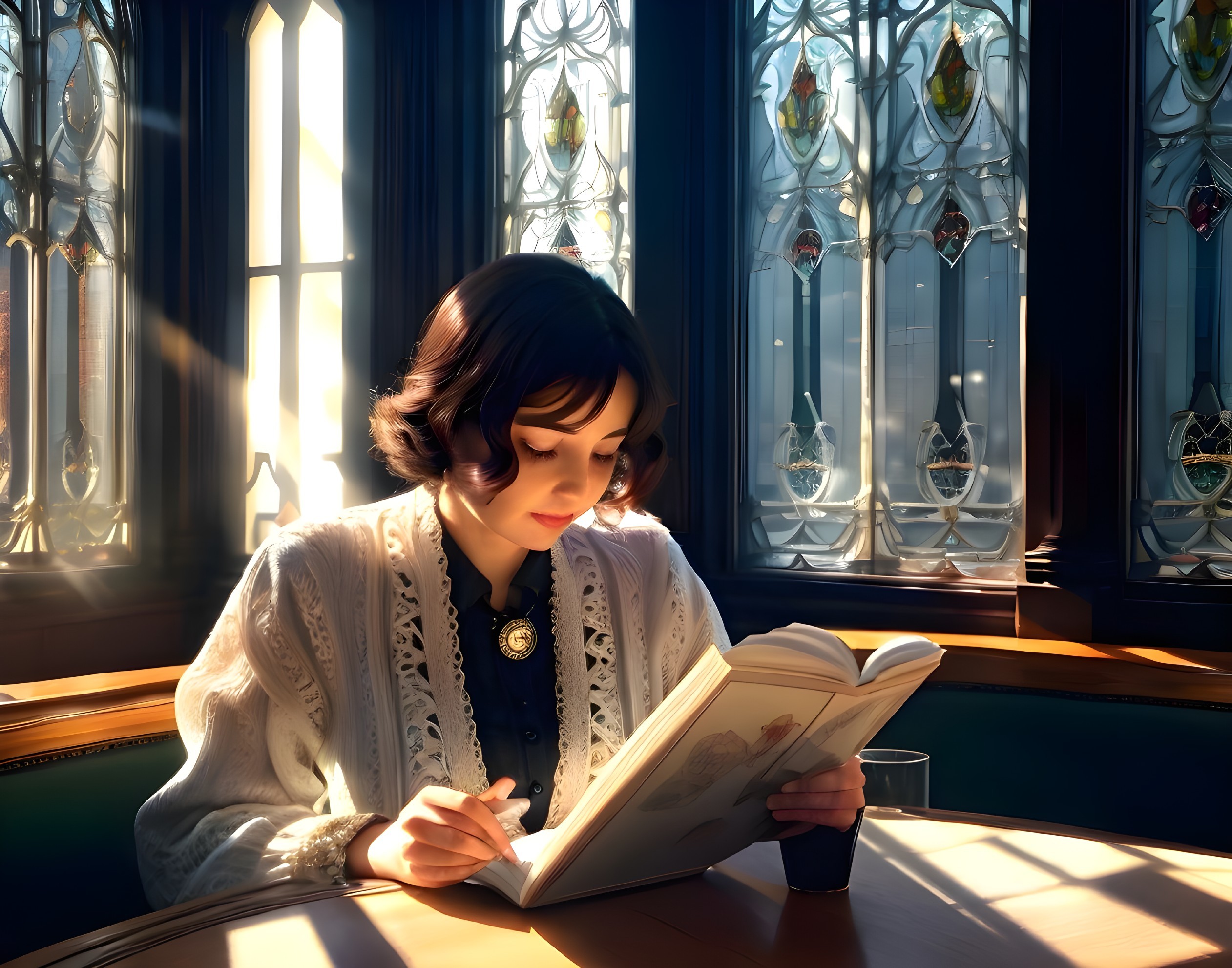 Young woman reading at a sunlit table with vintage style