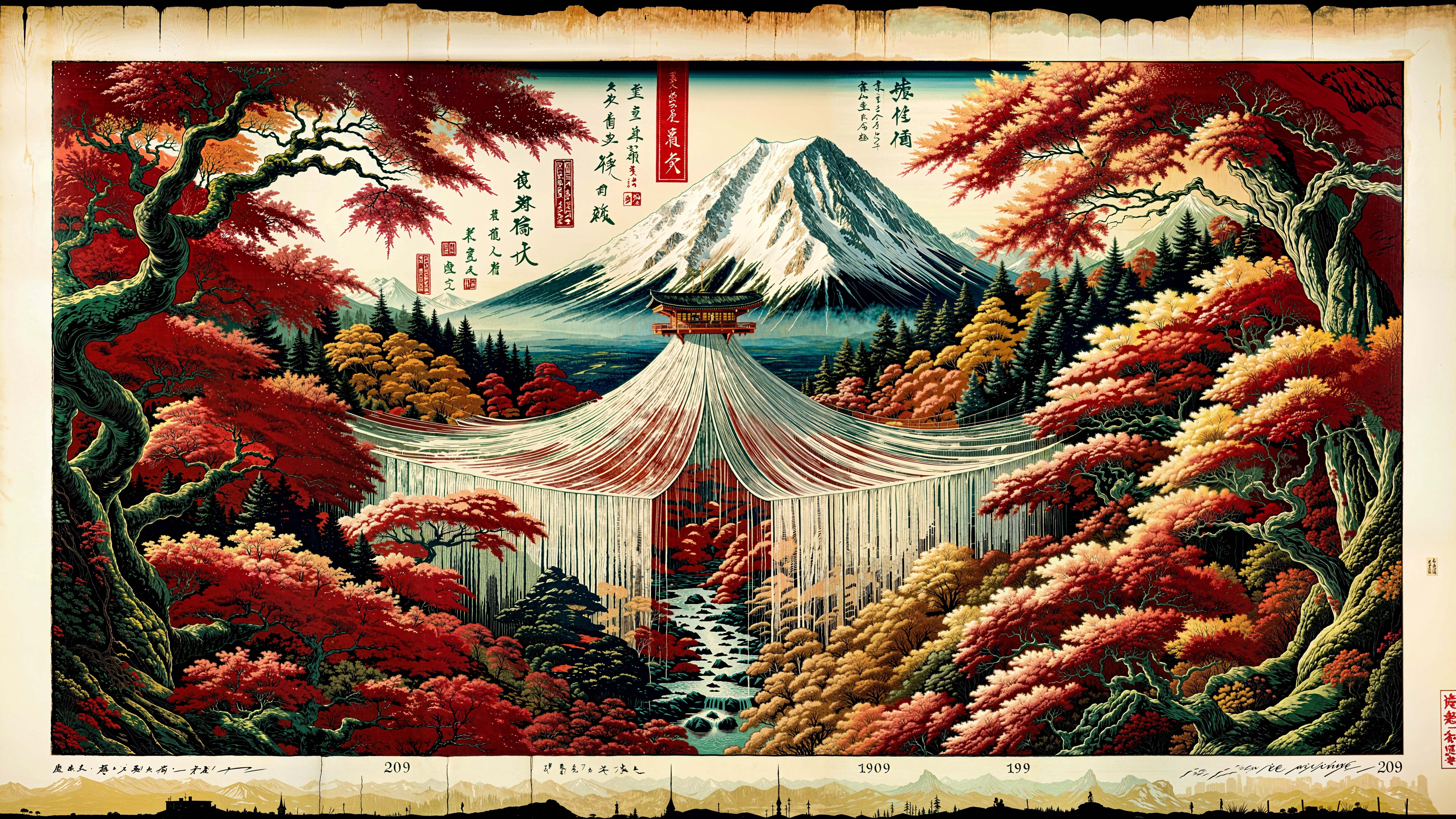Vibrant Japanese Autumn Landscape with Waterfall and Mountain