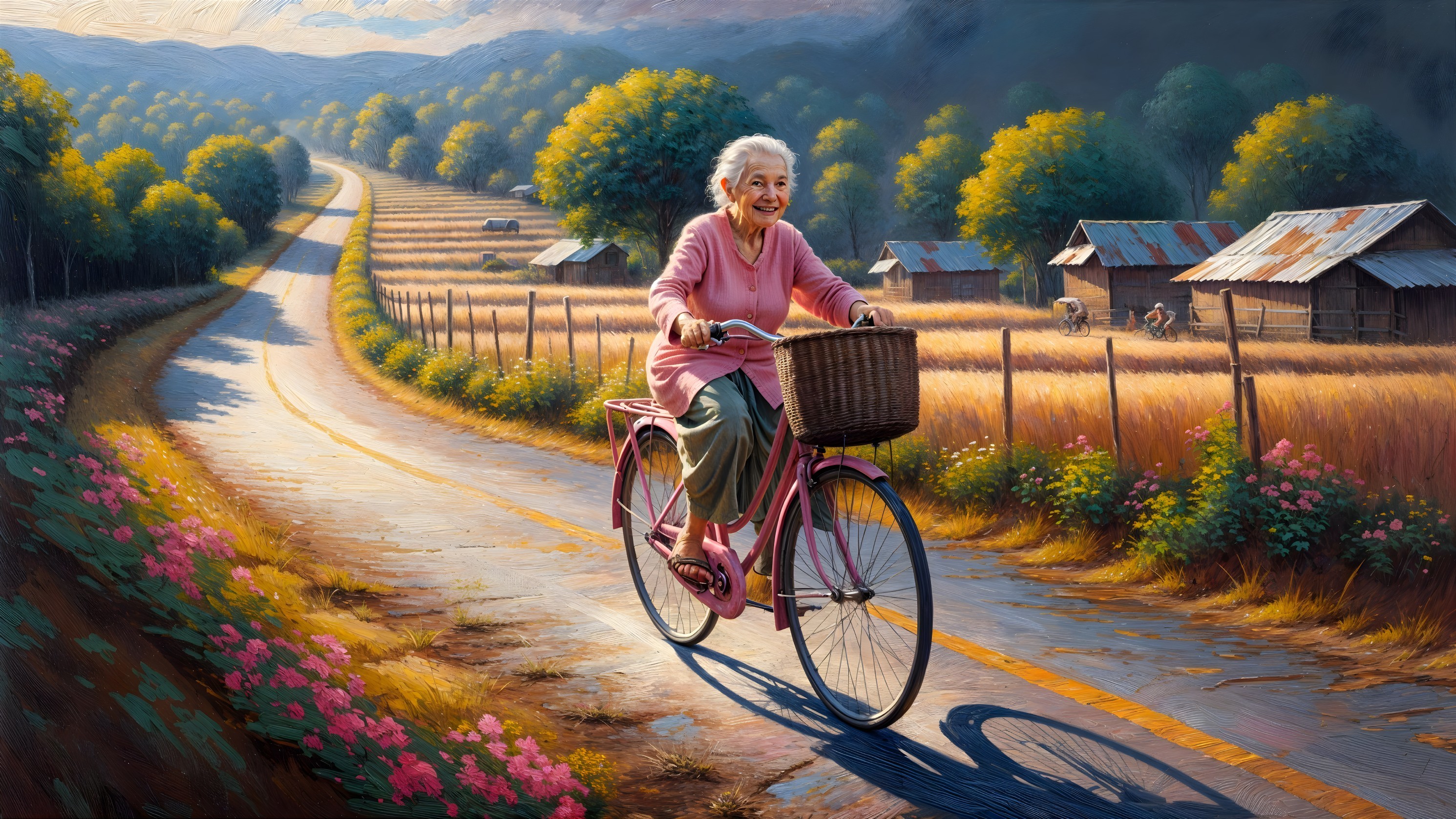 Elderly Woman on Pink Bicycle in Scenic Rural Setting