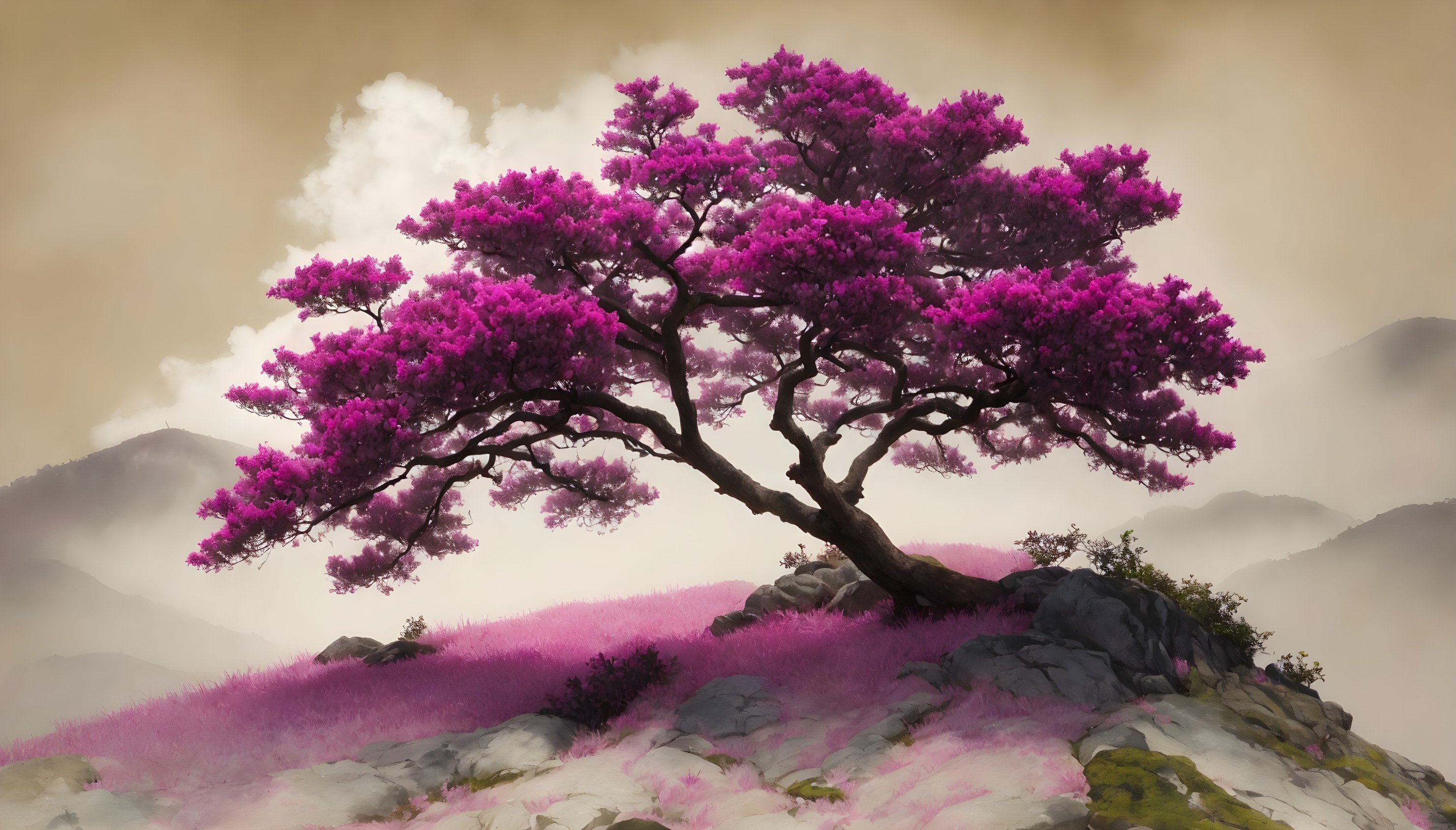 Purple Tree on Rocky Hill with Misty Mountains