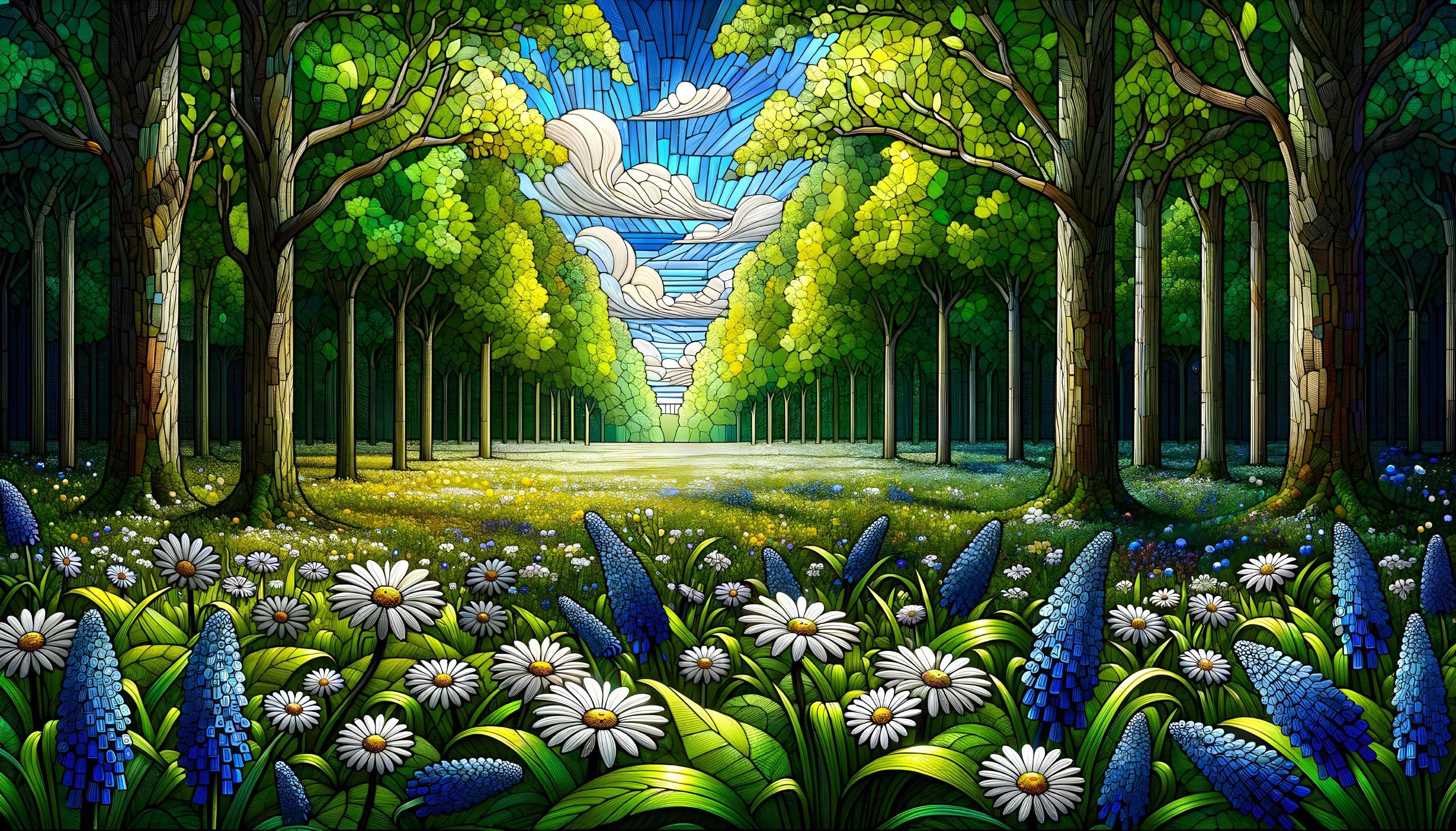 Vibrant Stained-Glass Forest with Colorful Wildflowers