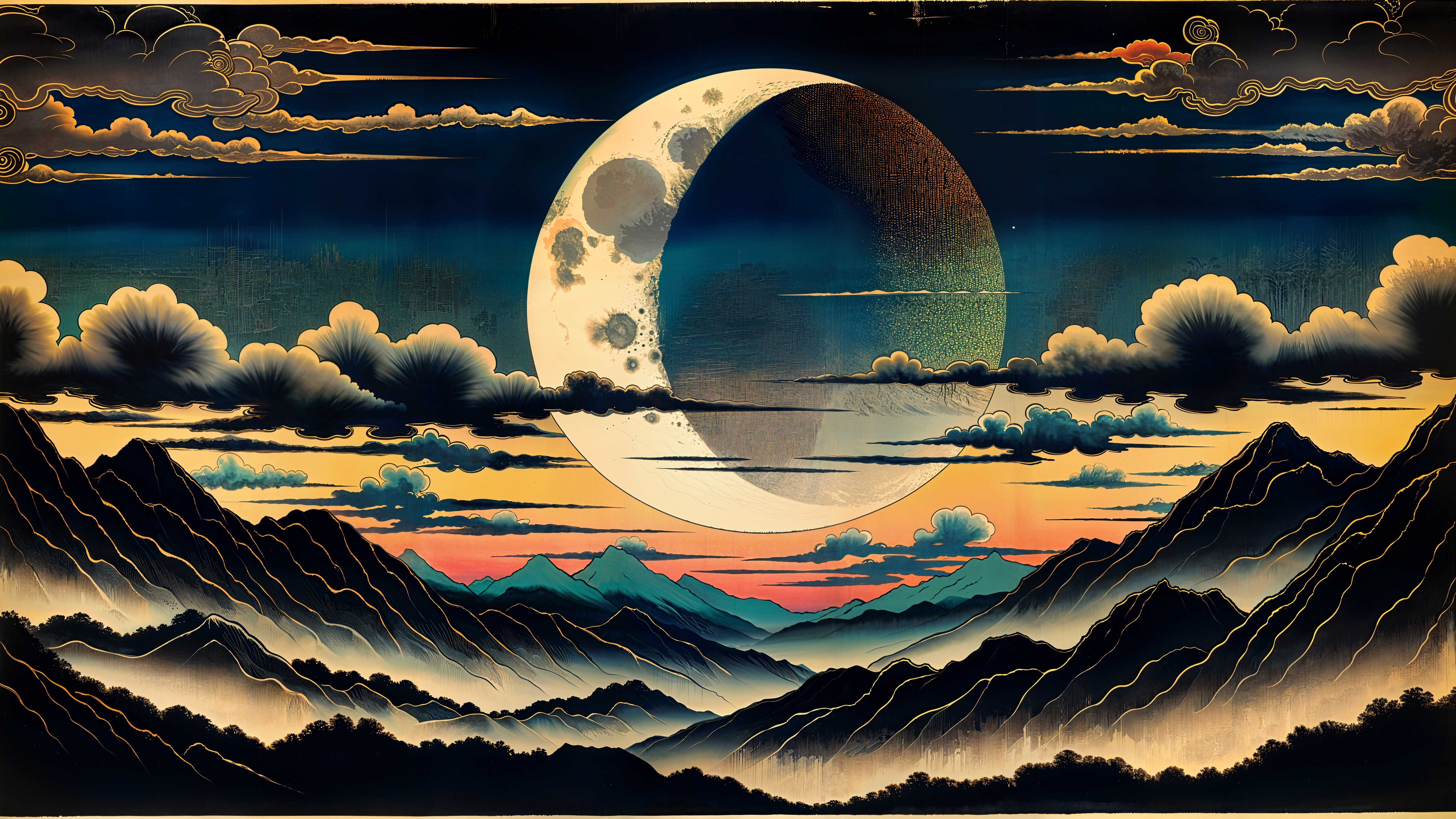 Majestic Mountains and Crescent Moon at Twilight