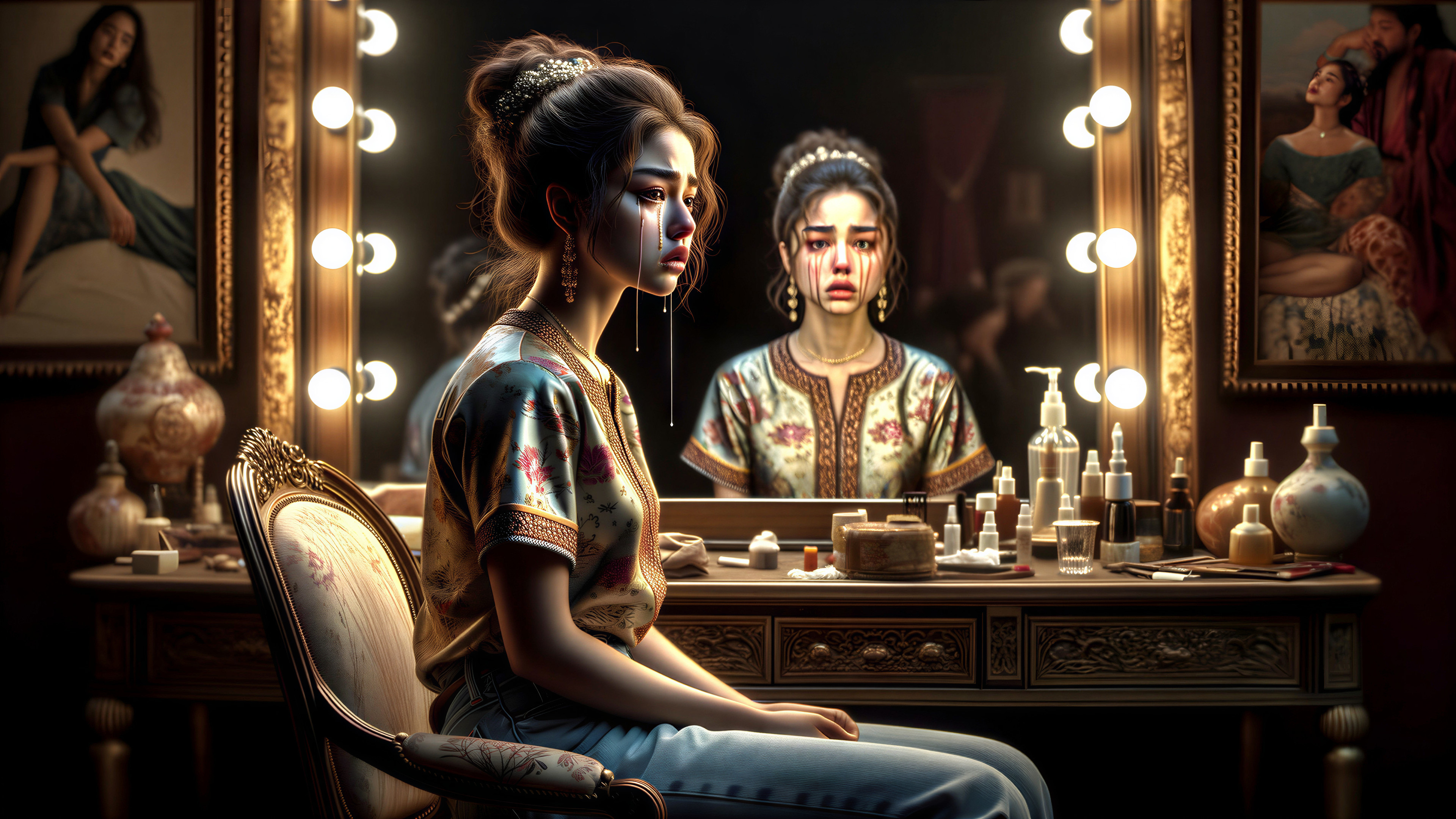 Young woman at ornate vanity in dimly lit room