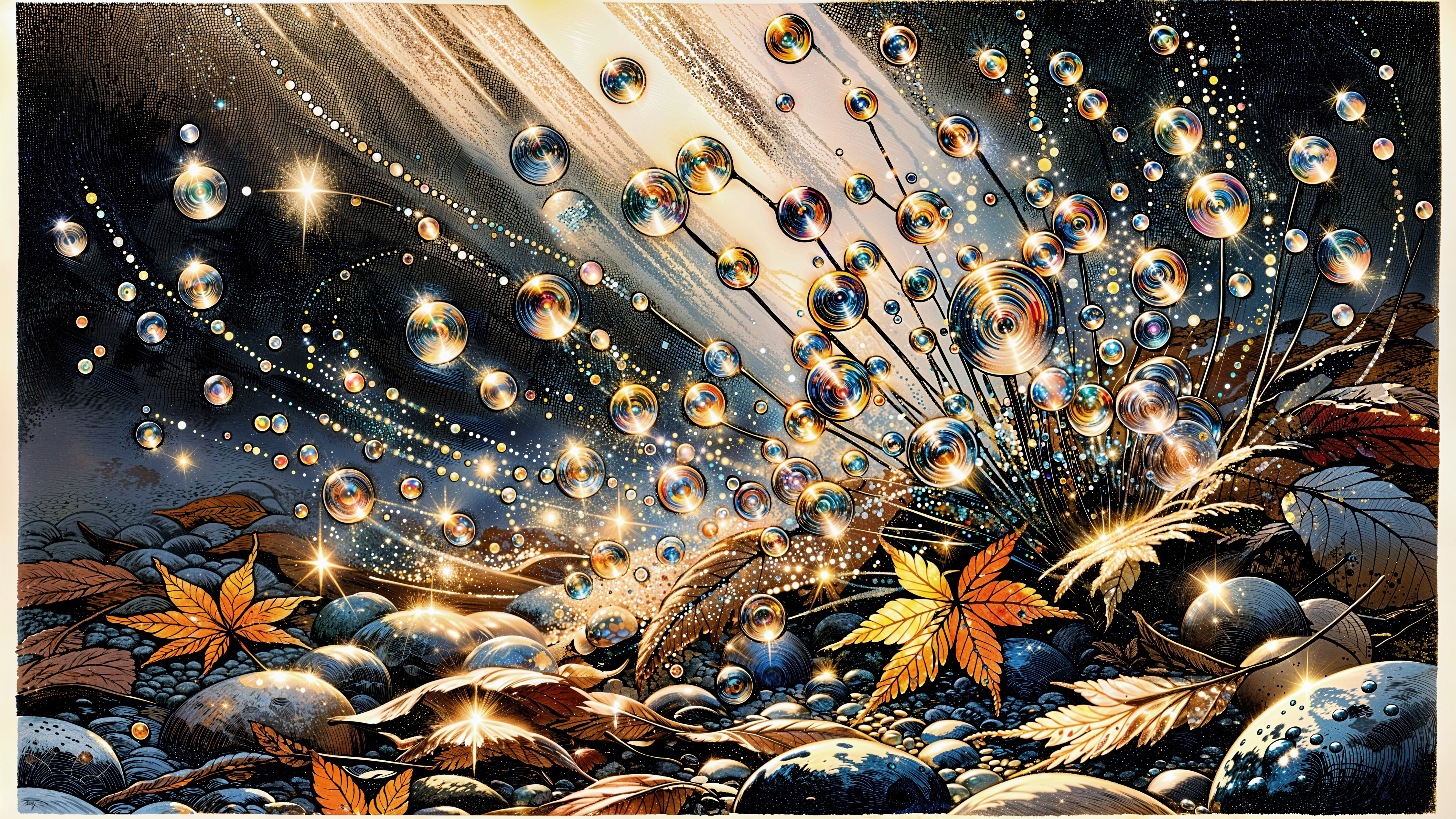 Bubbles and Autumn Leaves on Dark Background