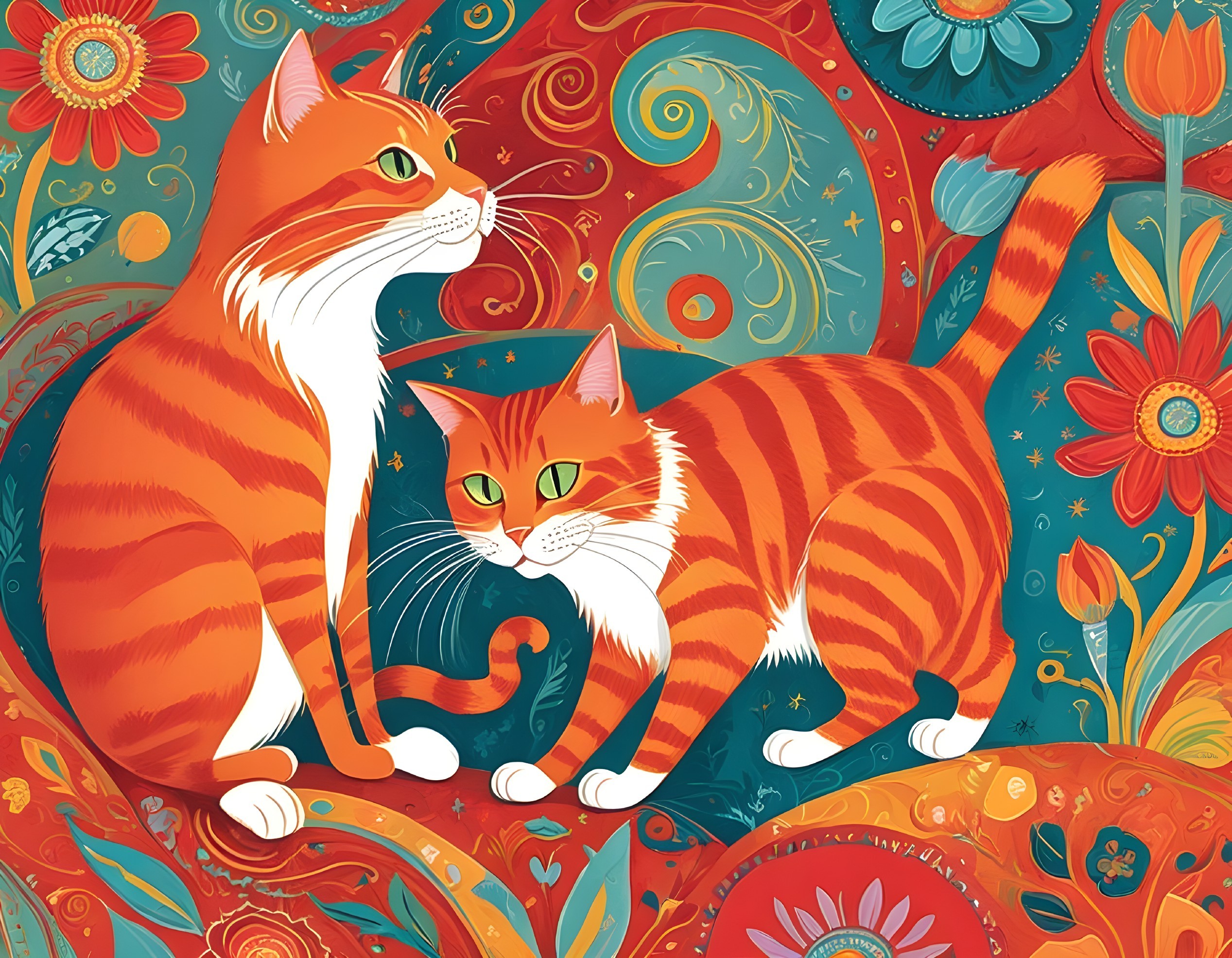 Vibrant Orange Tabby Cats in Whimsical Background