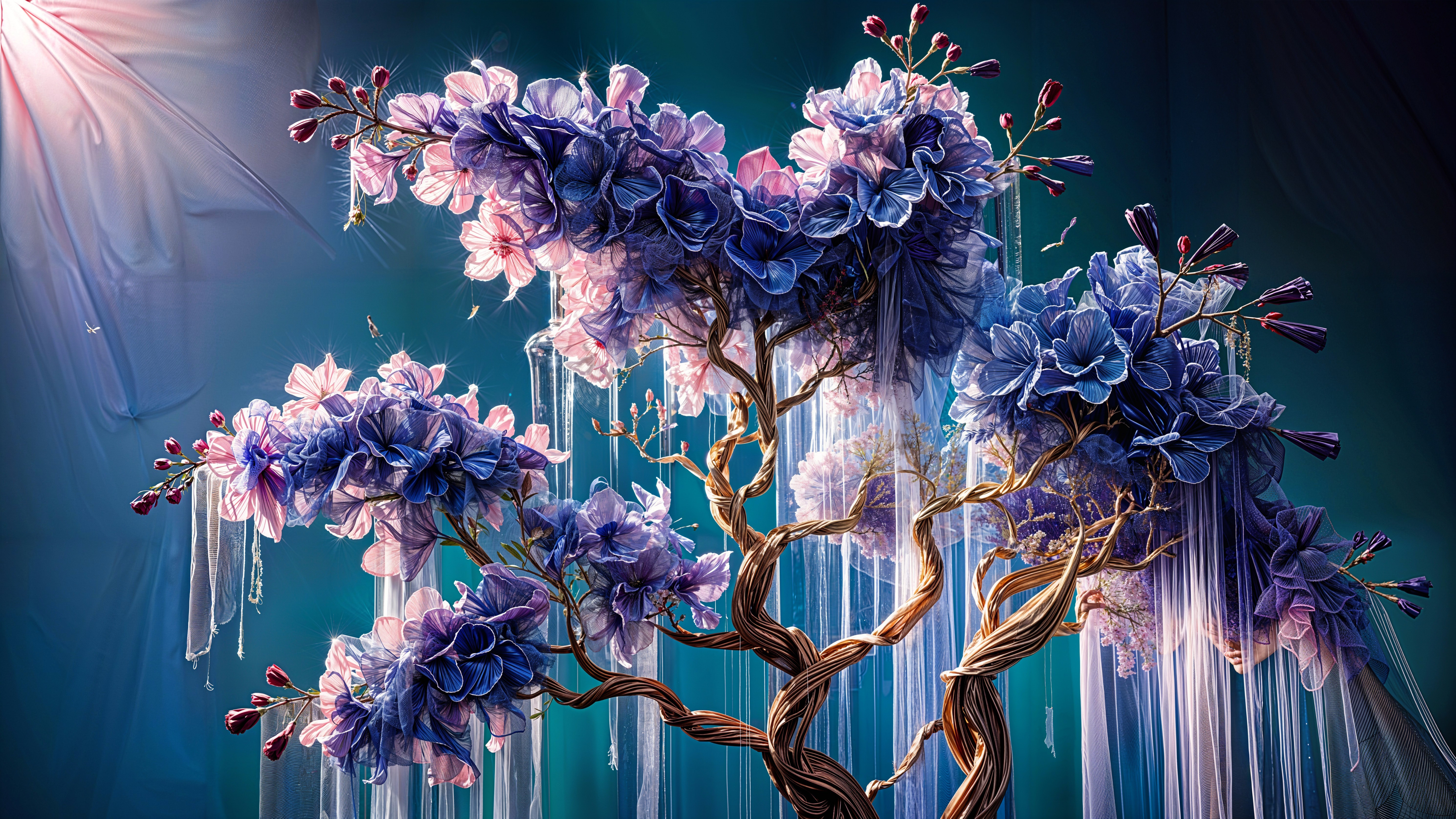 Surreal Tree with Vibrant Blossoms and Crystal Droplets