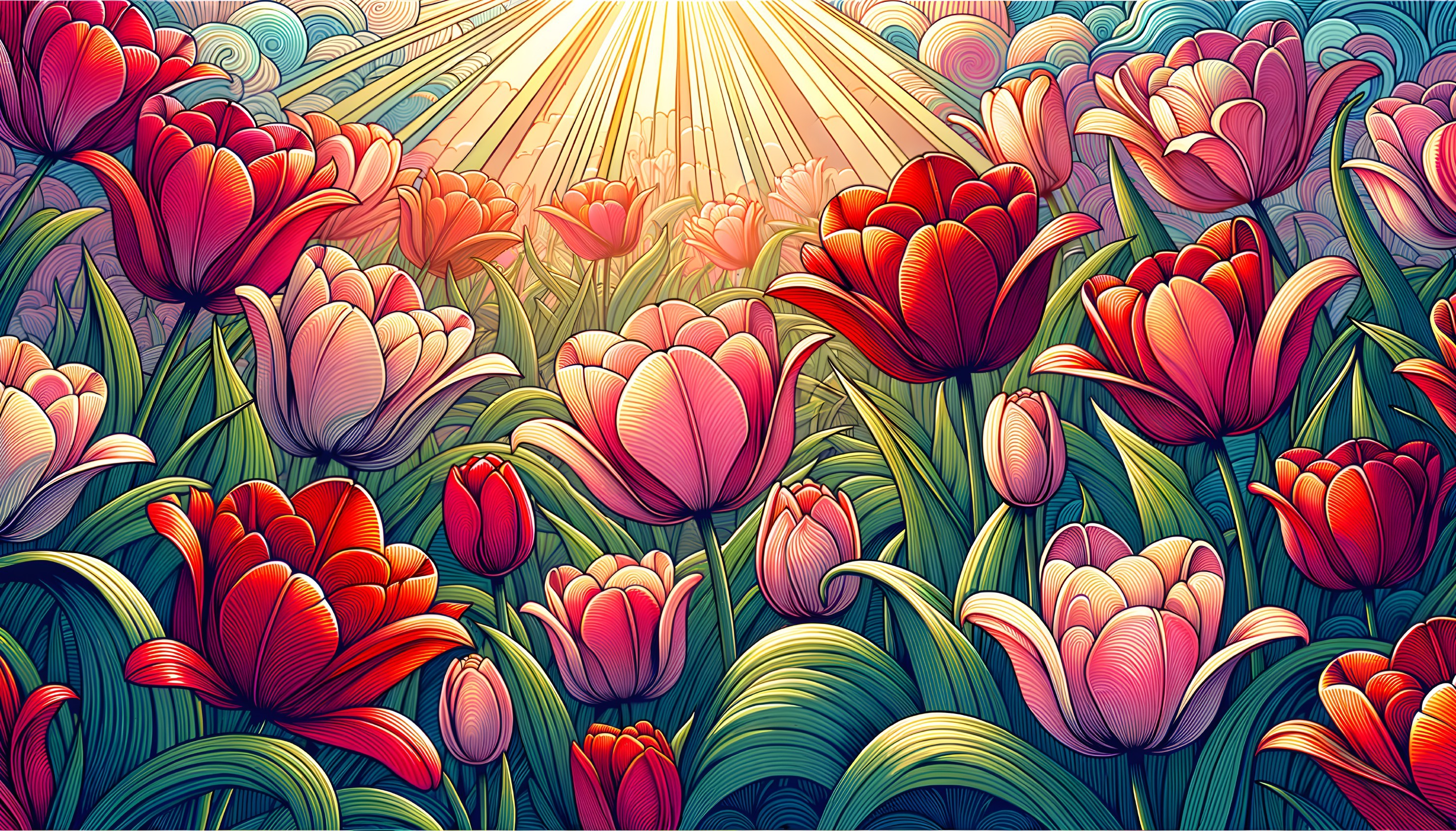 Vibrant Tulip Field Under Sunlit Sky with Clouds