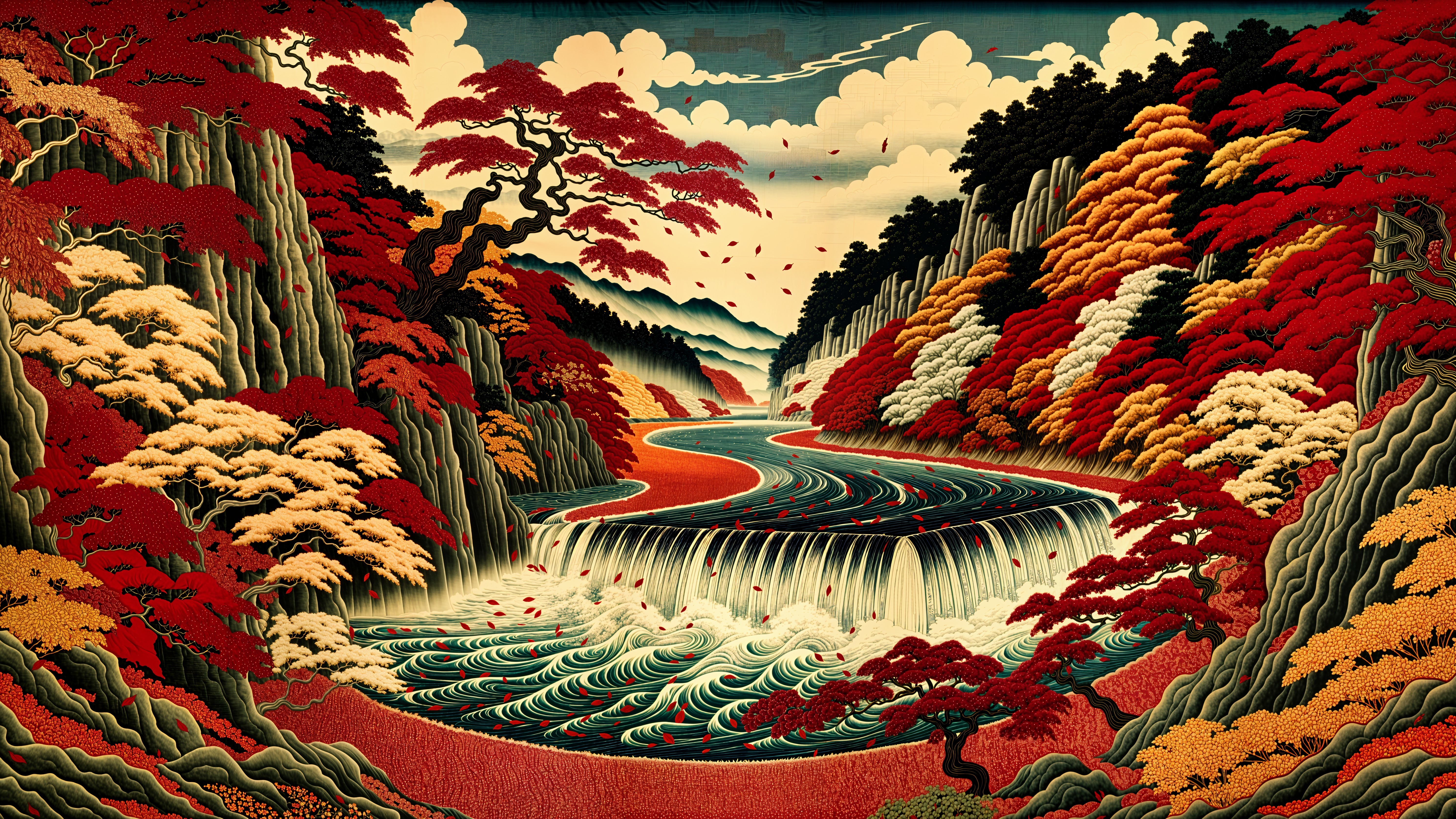 Autumn Landscape with River and Waterfalls