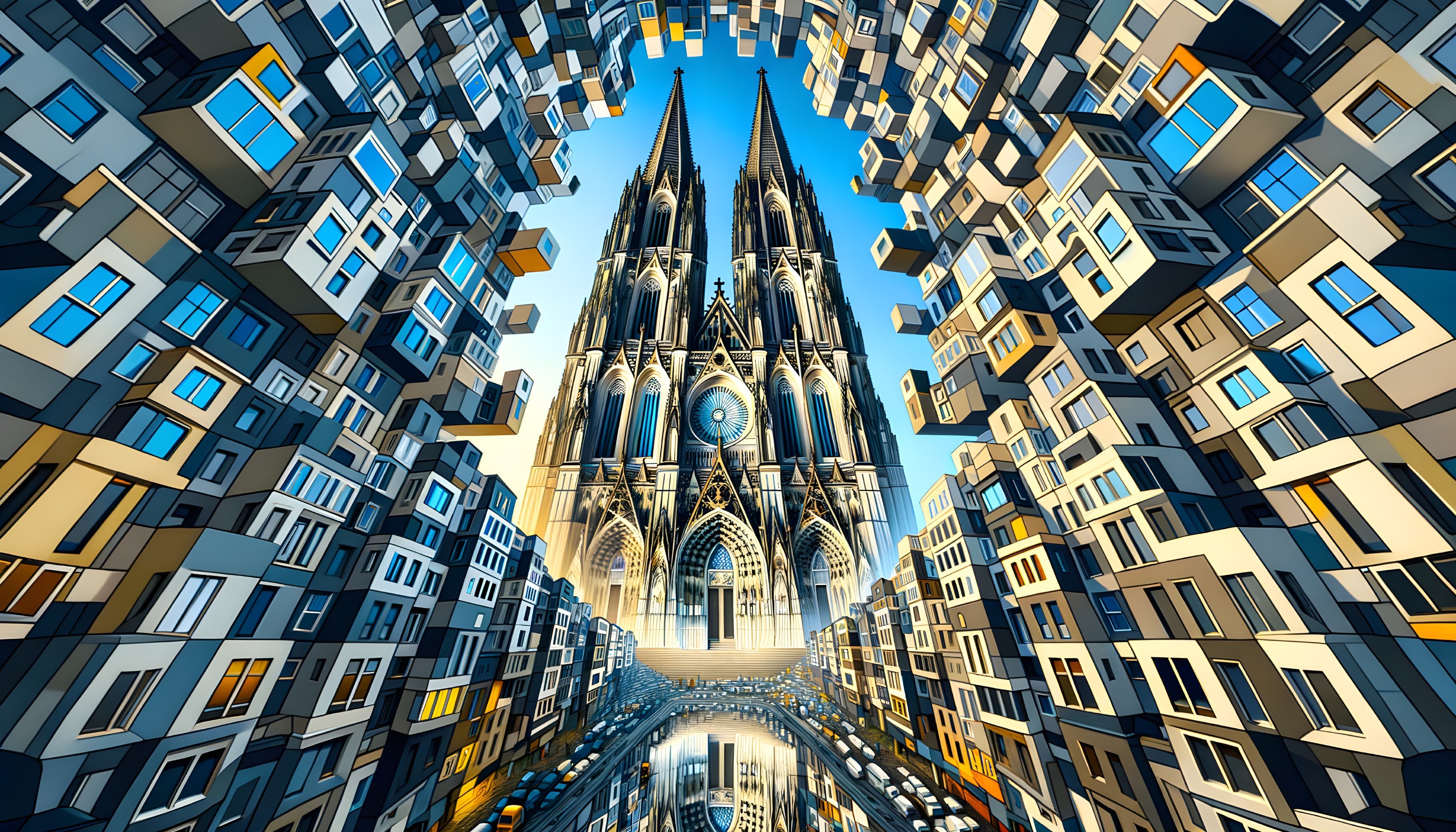 Cathedral Surrounded by Abstract Cityscape and Waterway