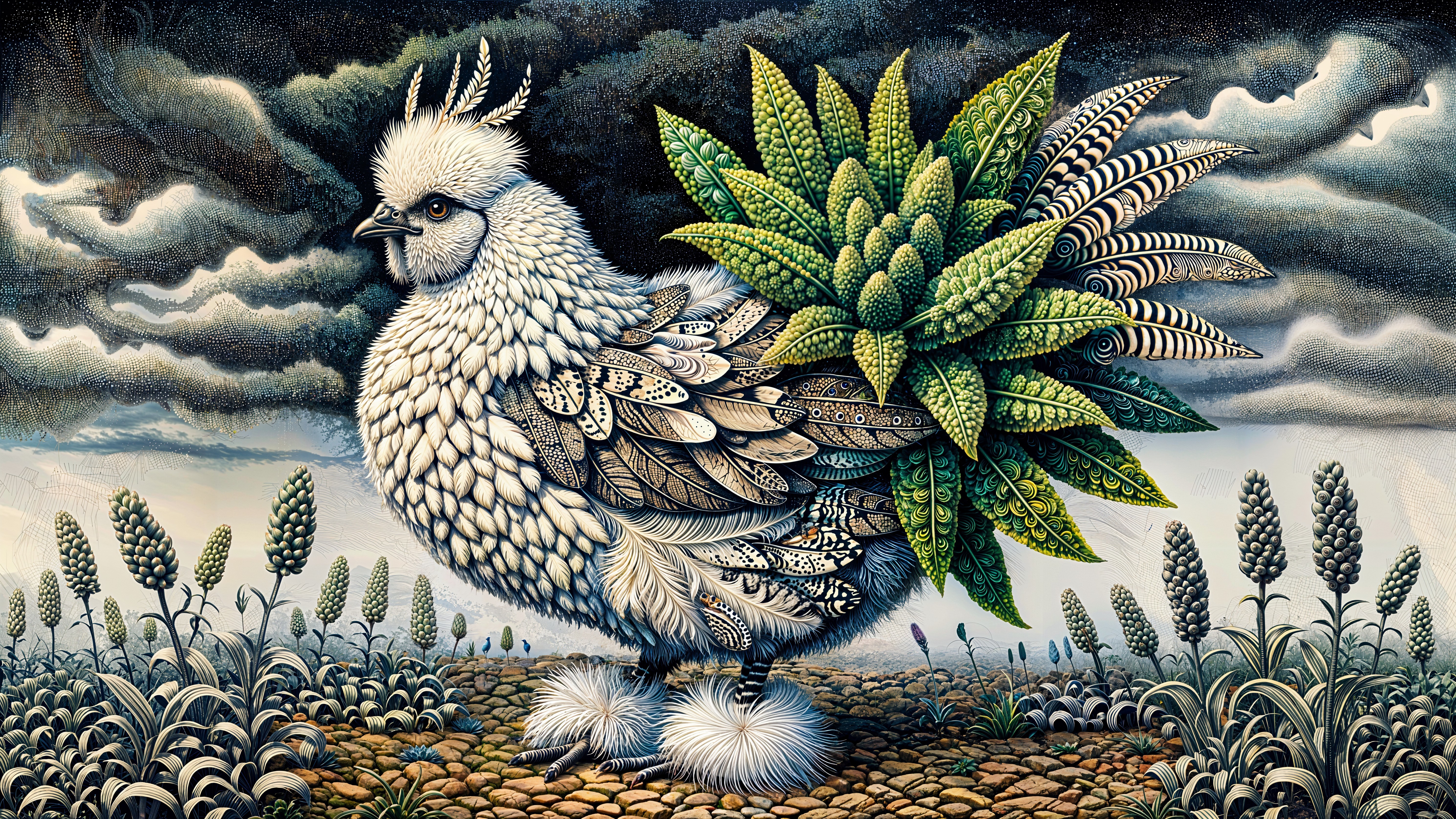 Portrait of a white silkie hen on a cobblestone path