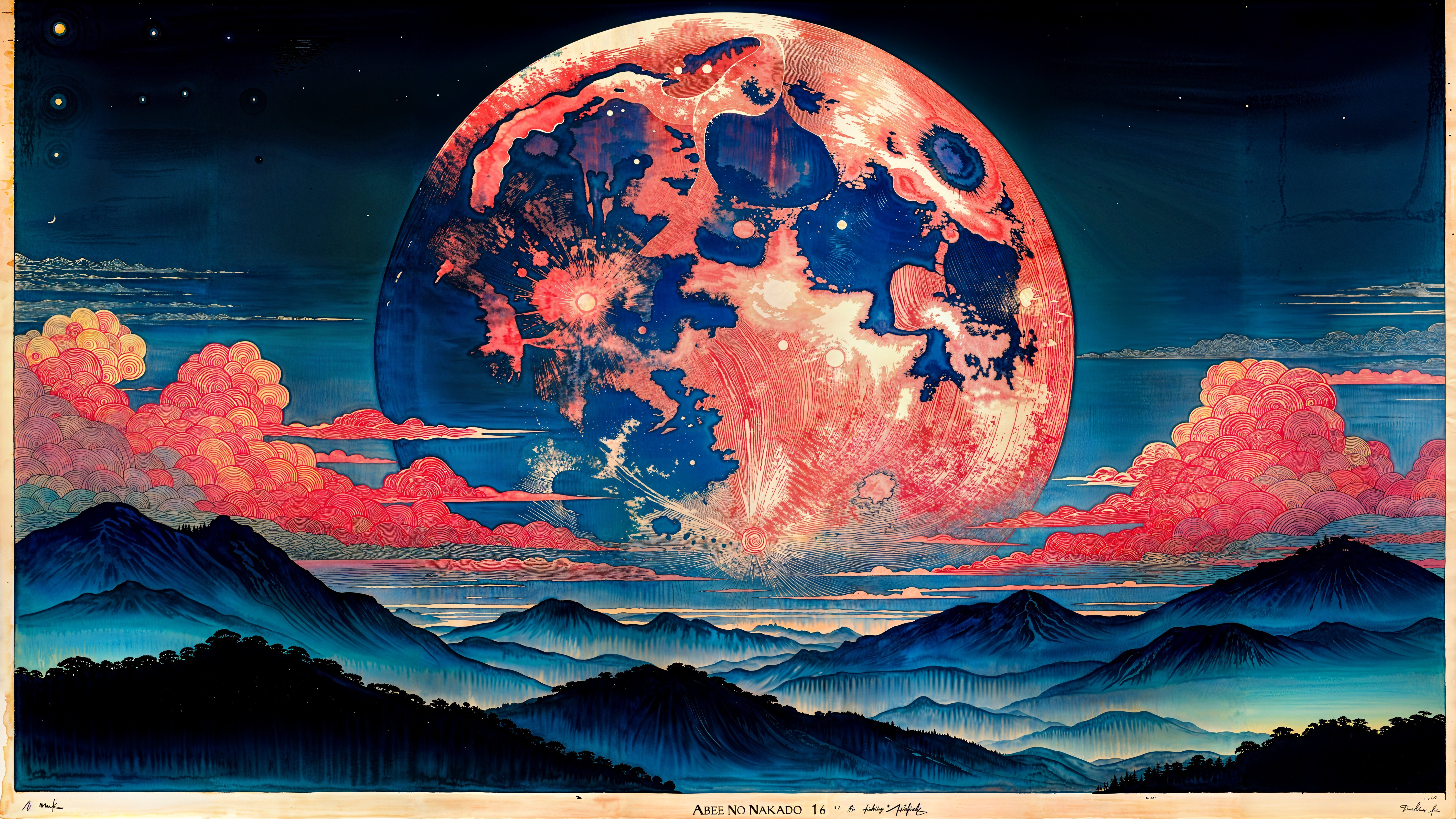 Vibrant Landscape with Colorful Moon and Twilight Sky