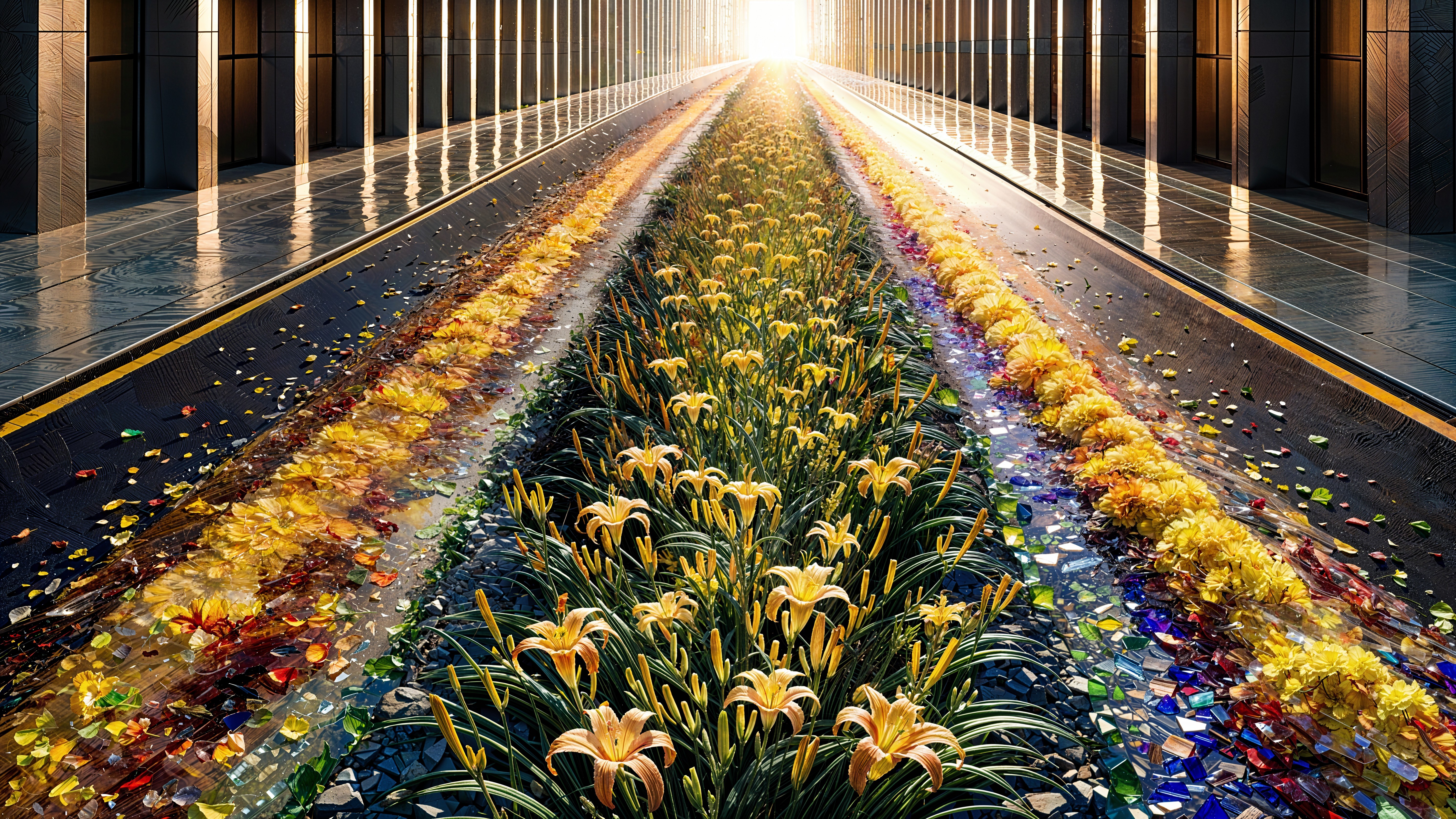 Vibrant Pathway with Flowers and Colorful Glass Shards