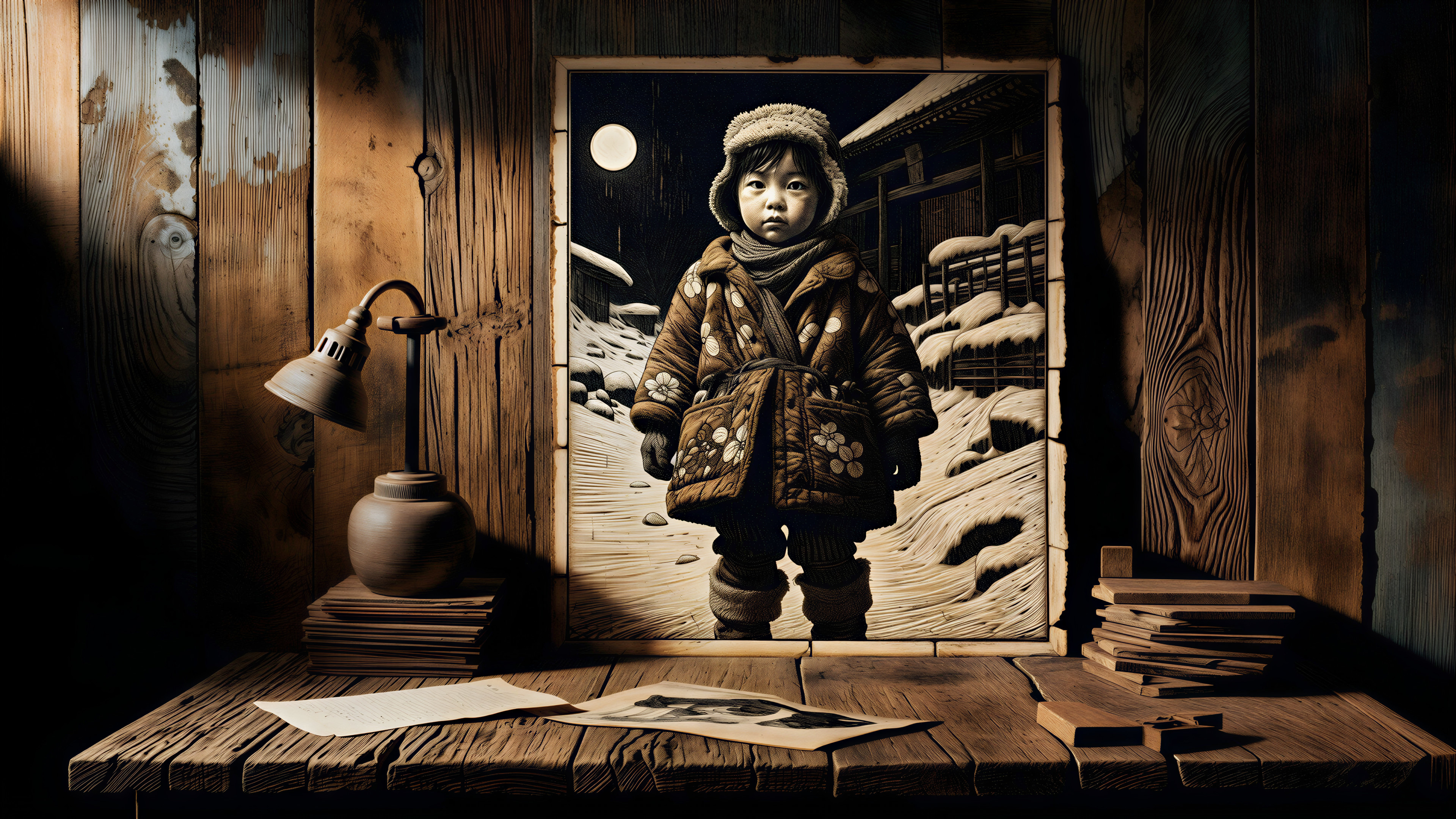 Wooden Scene of Child in Snowy Landscape by Moonlight