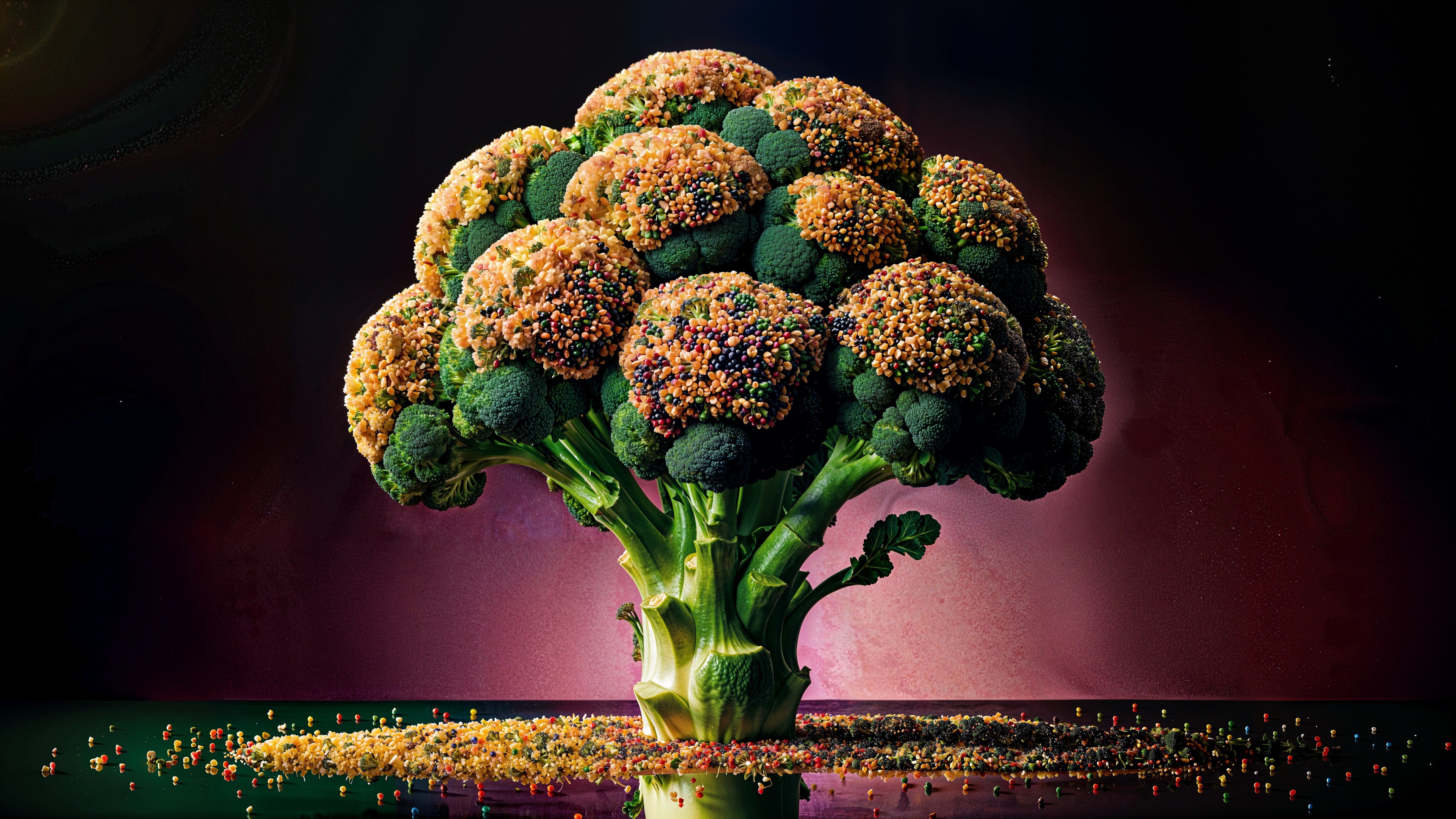 Vibrant Broccoli Floret Tree Structure on Dark Background