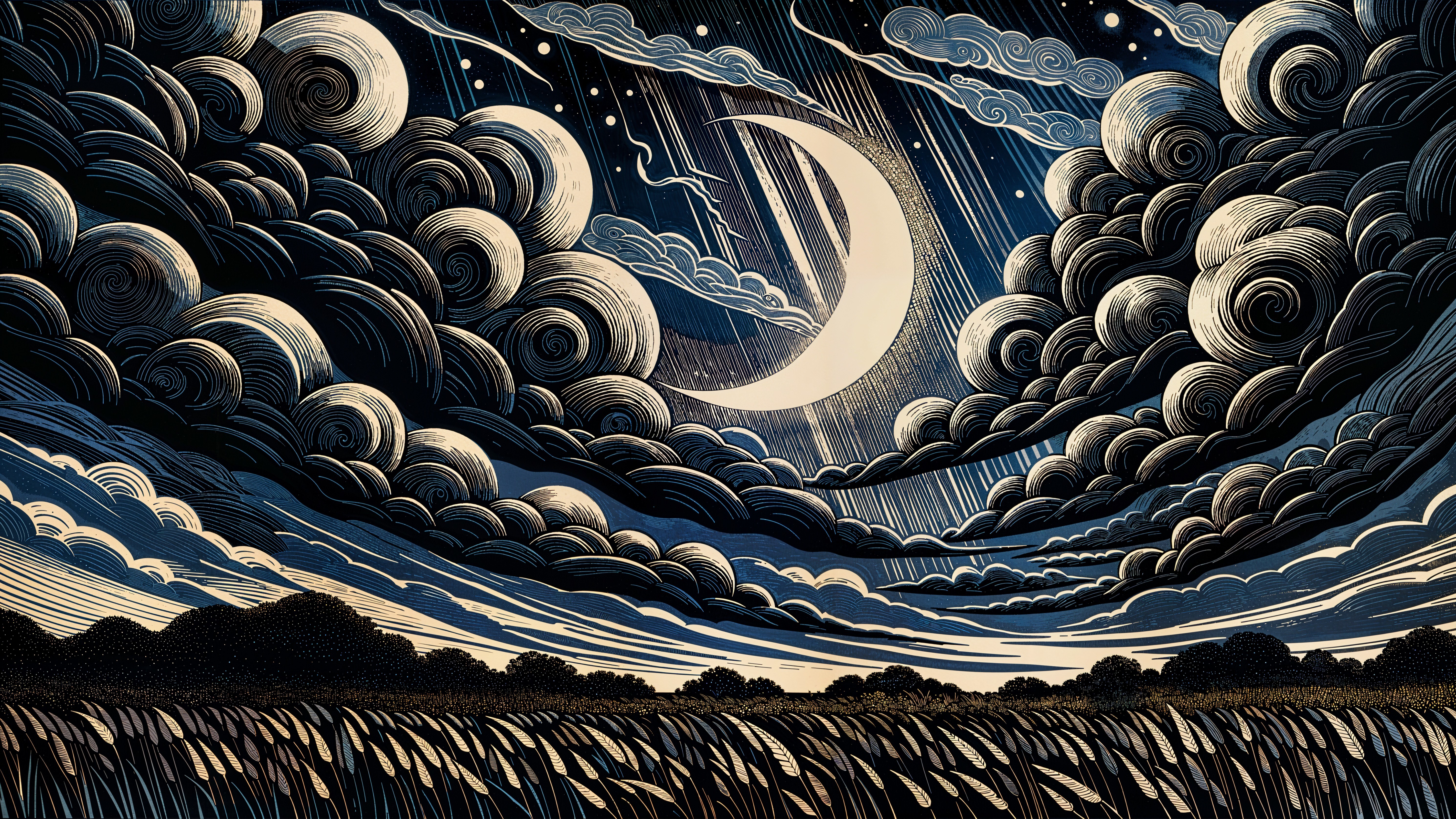 Dramatic Night Sky with Crescent Moon and Silhouetted Landscape