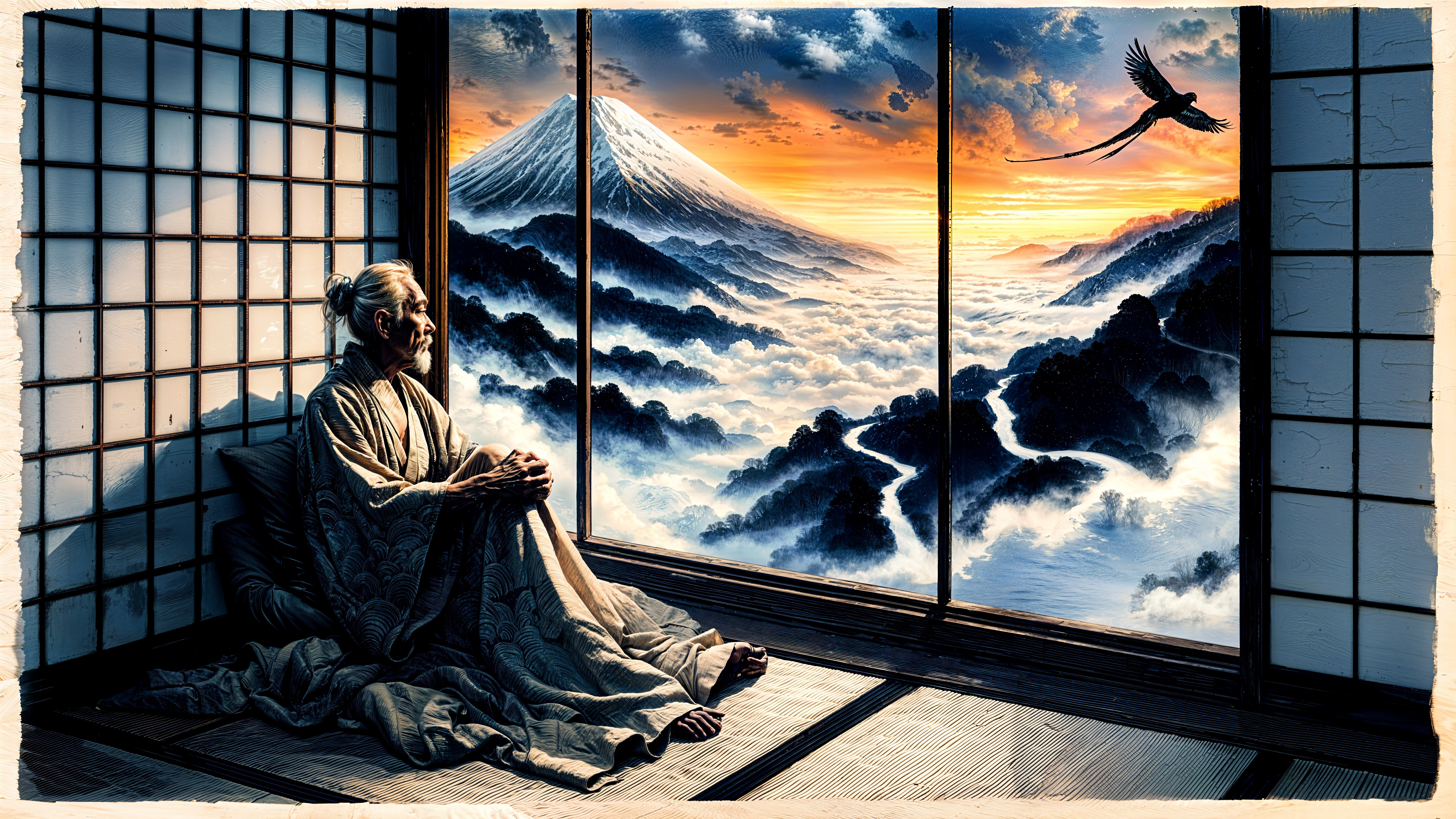 Elderly Figure Contemplating View of Mount Fuji at Sunset