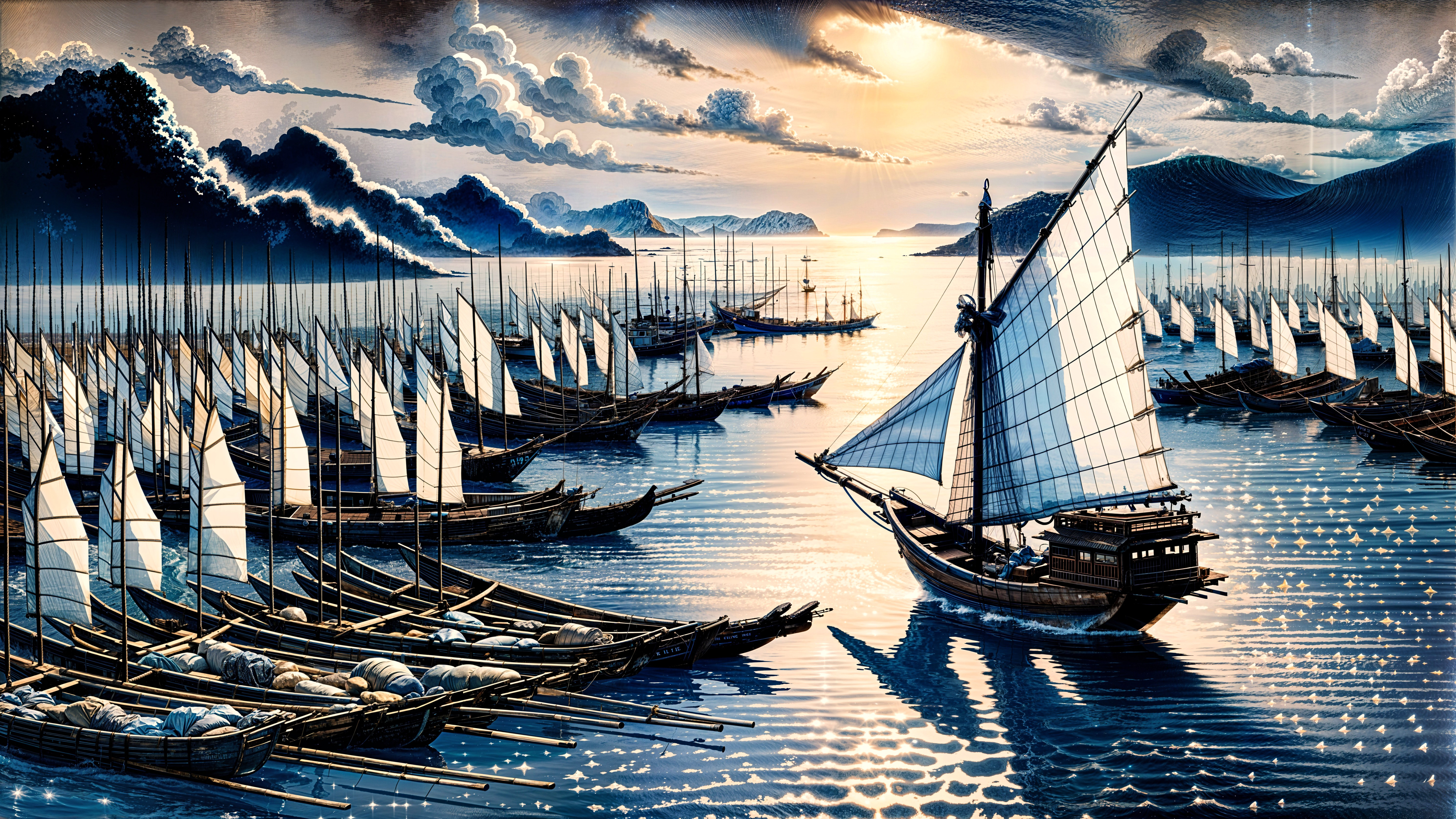 Tranquil Maritime Landscape with Sailing Ships at Dawn
