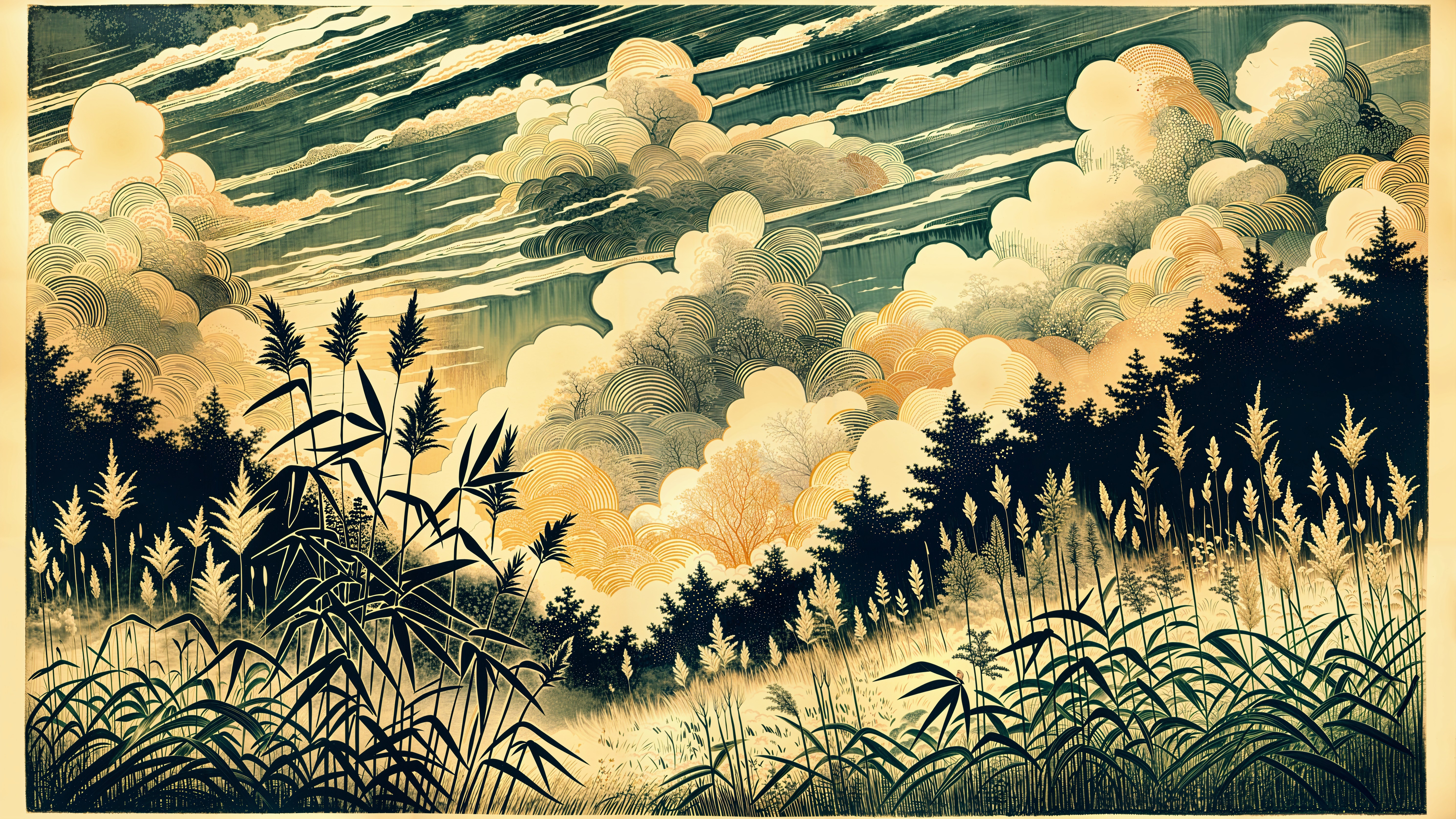 Serene Landscape with Grasses, Trees, and Dramatic Sky