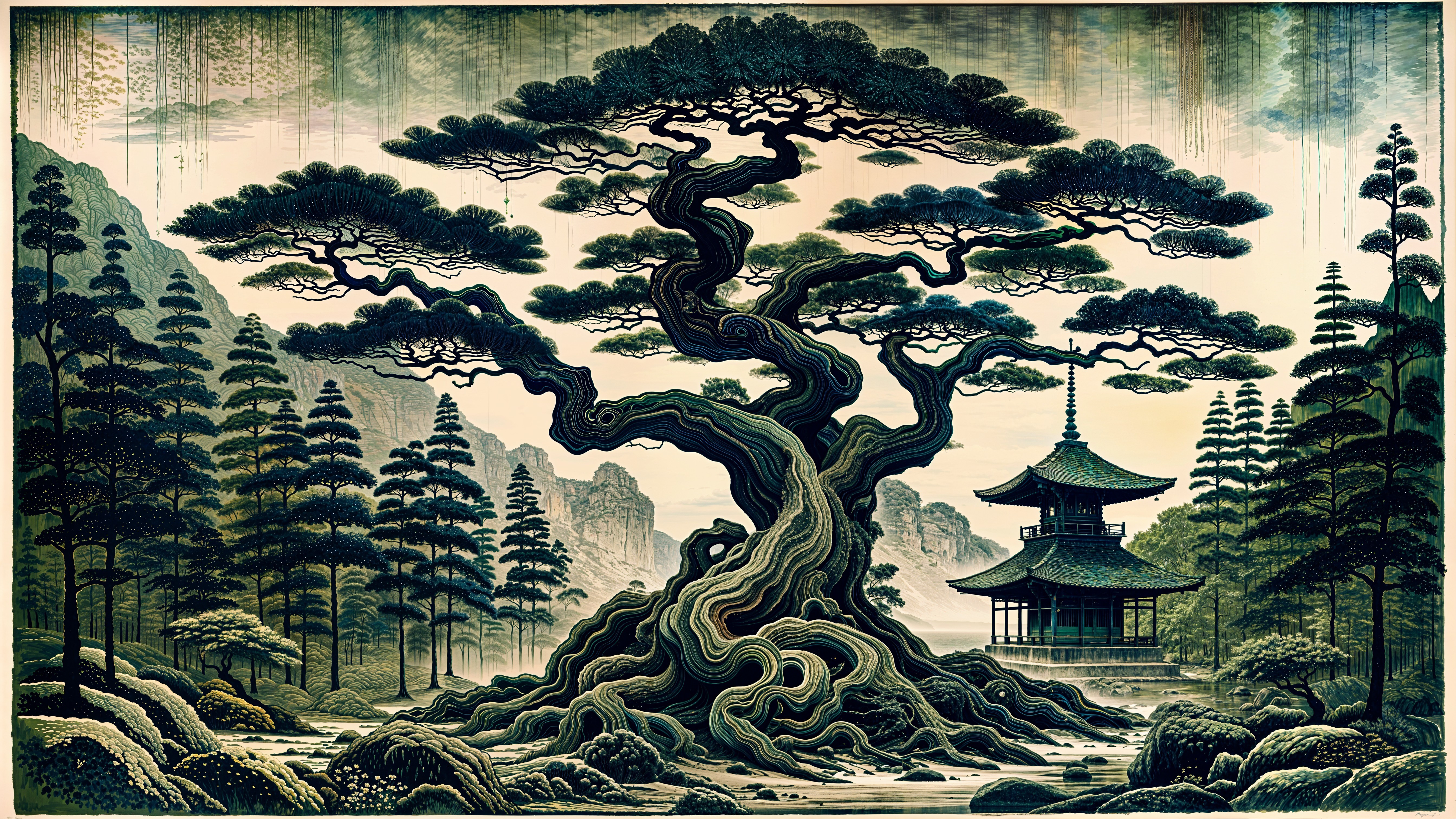 Twisted Tree Amidst Serene Landscape and Pagoda
