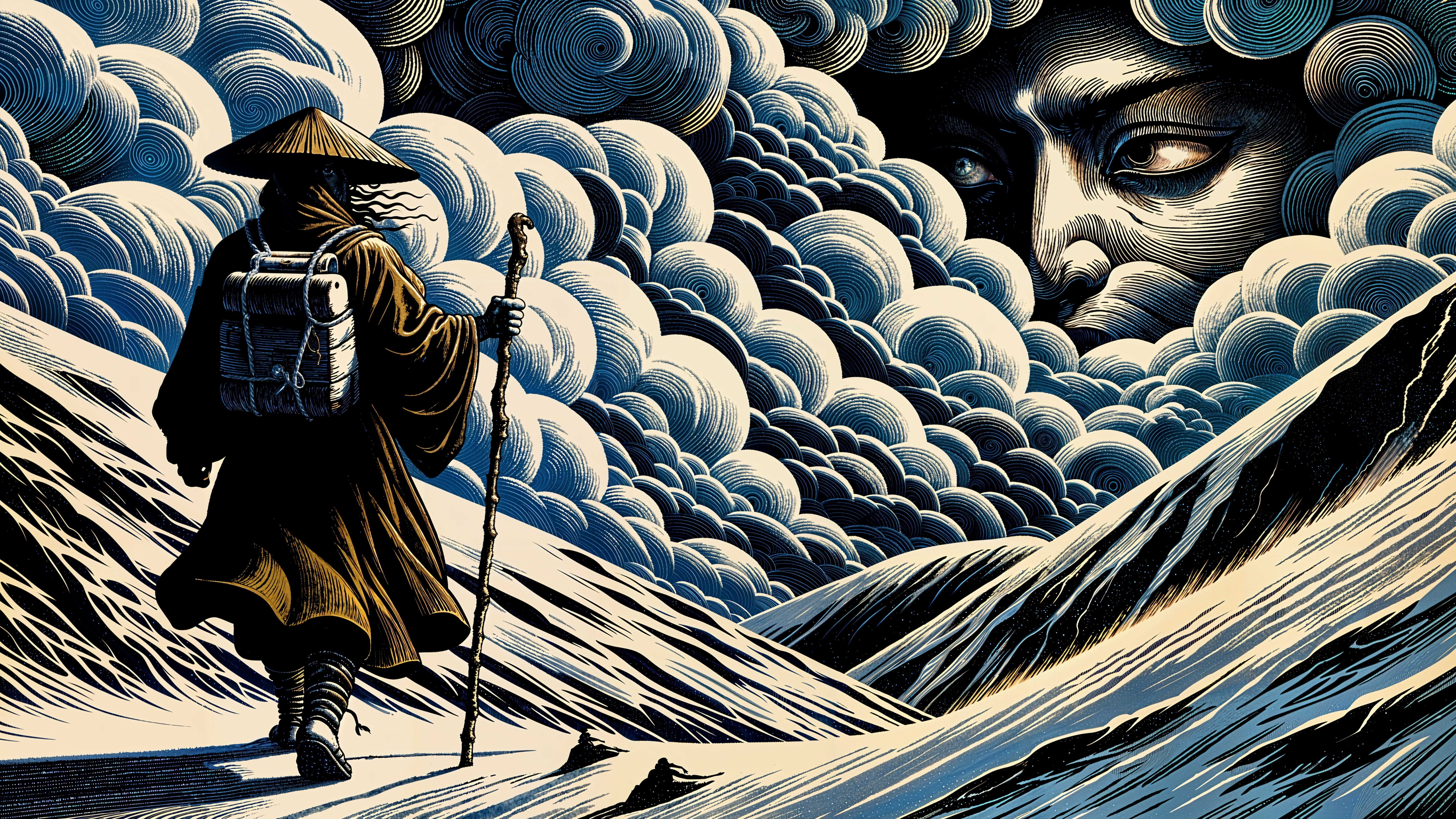 Lone Traveler in Snowy Landscape with Haunting Clouds