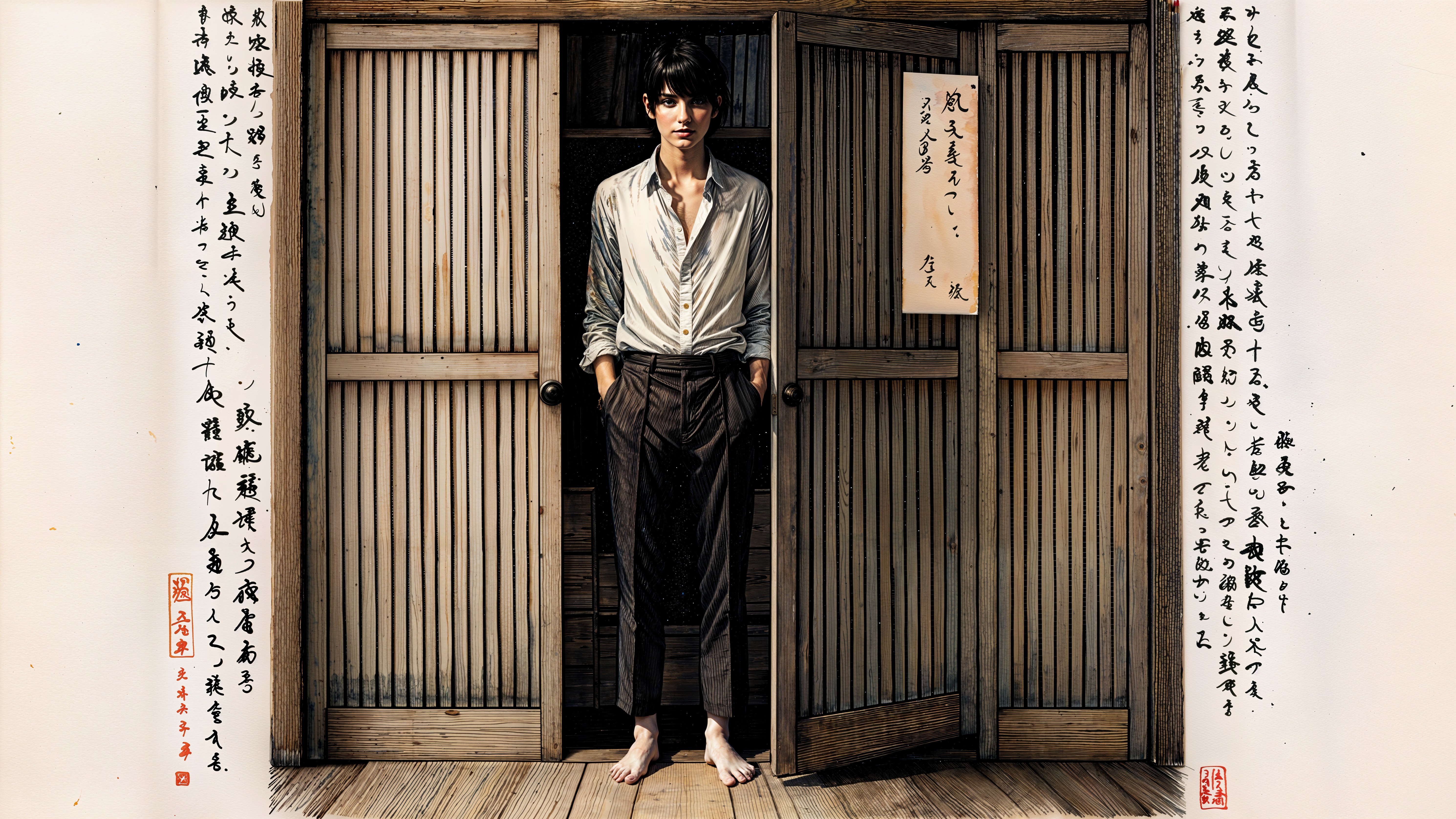 Young man in doorway with calligraphy decor