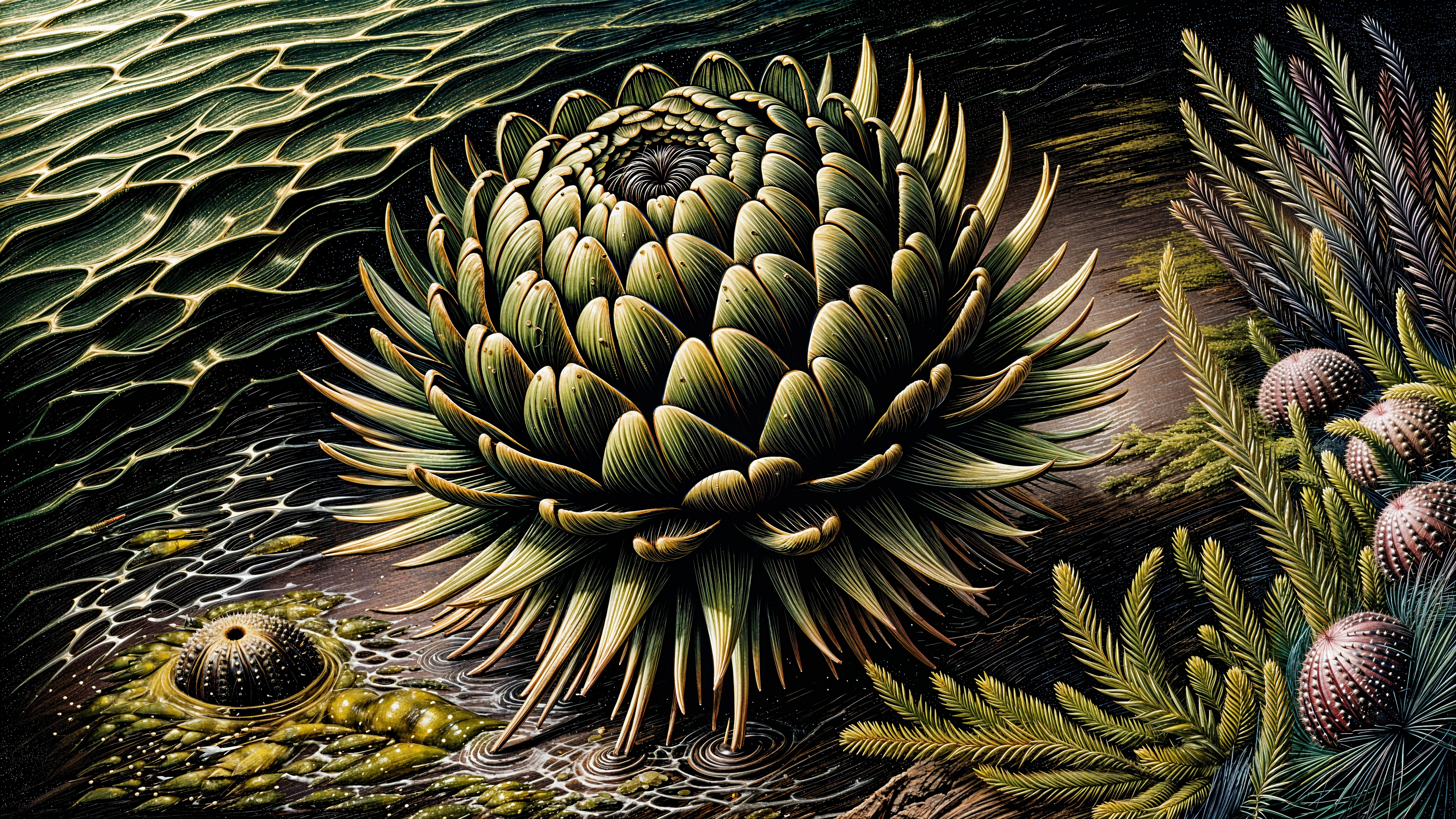 Intricate Digital Art of Green Succulent in Water