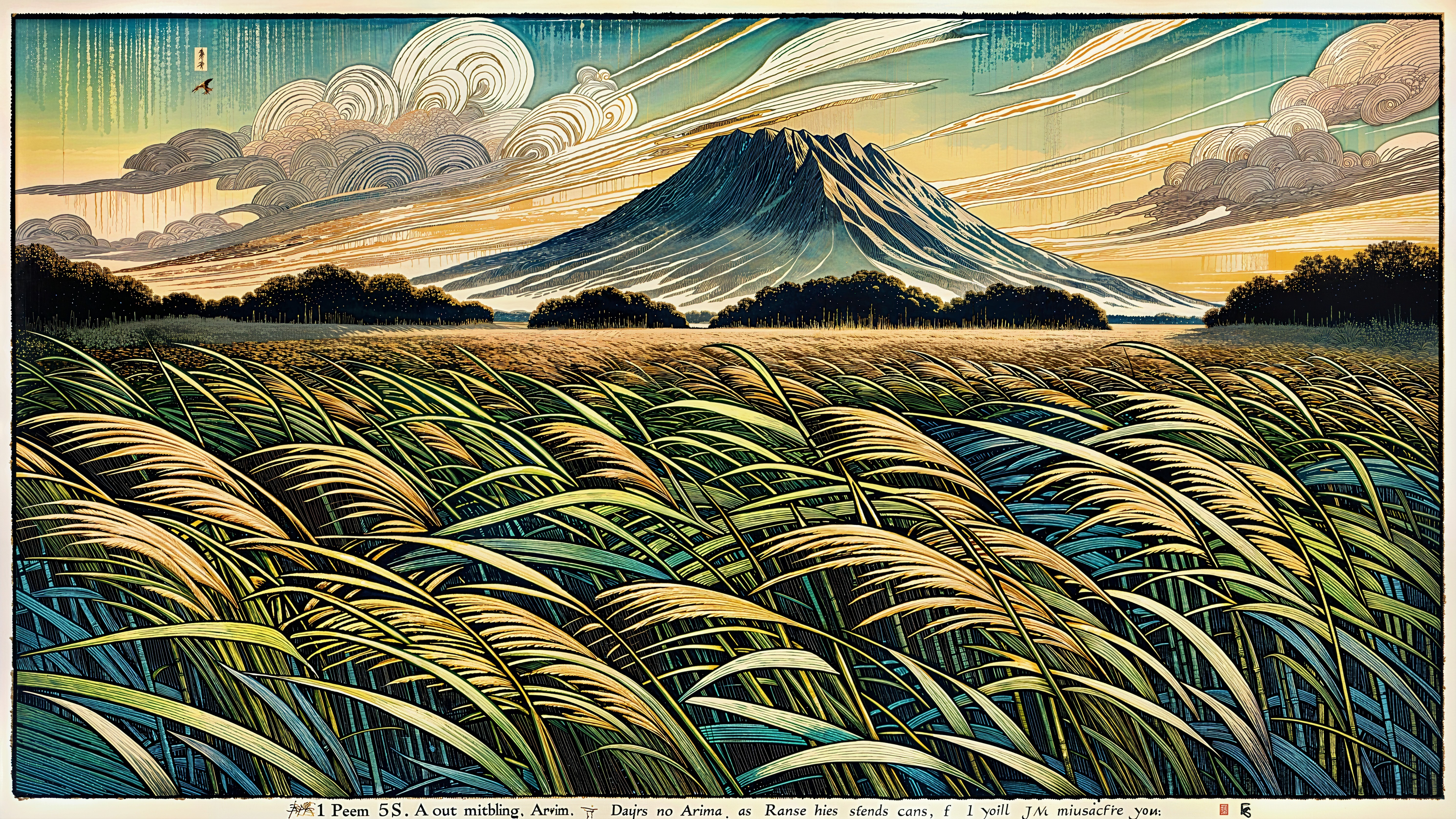 Serene Landscape with Golden Grass and Majestic Mountain