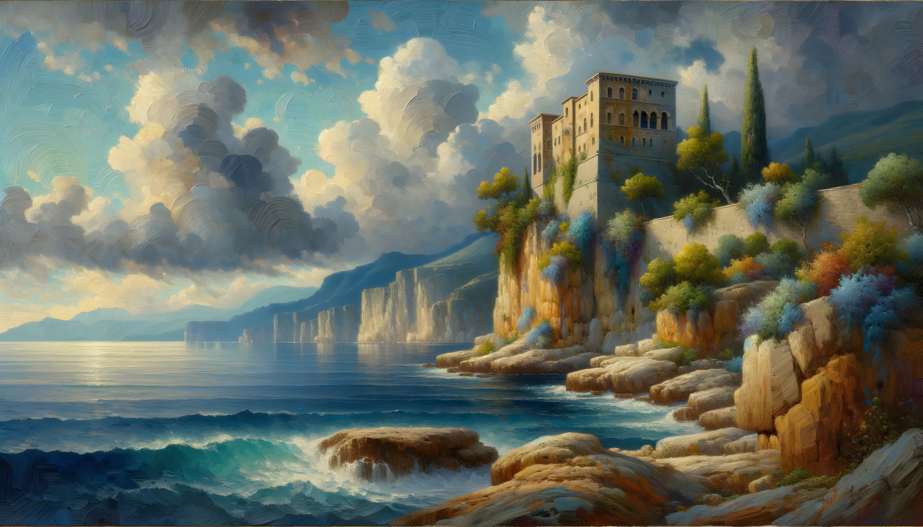 Coastal Castle on Cliffs with Lush Greenery and Sea