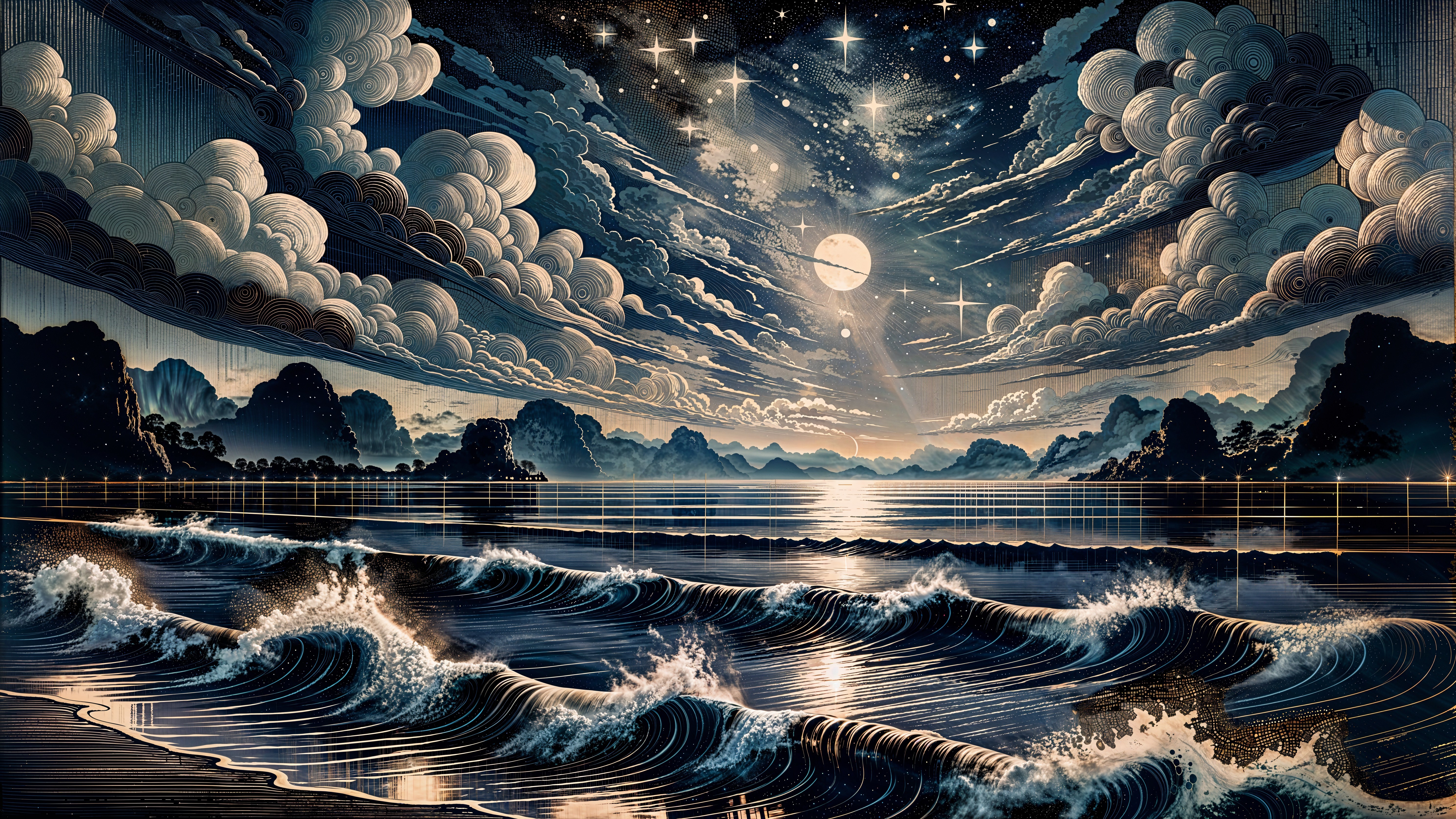 Moonlit Ocean Landscape Under Starry Sky