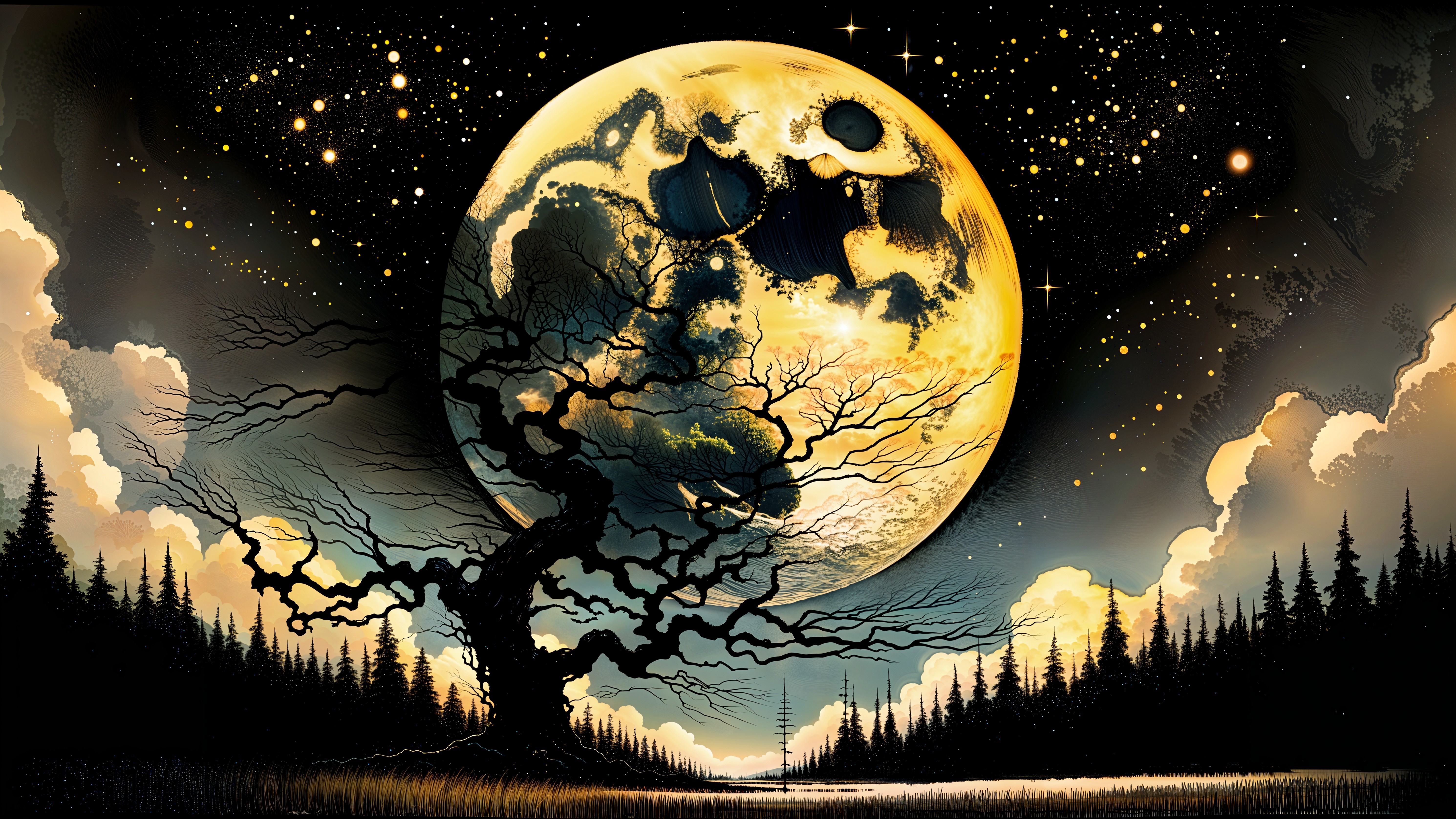 Haunting Landscape with Glowing Moon and Dark Tree