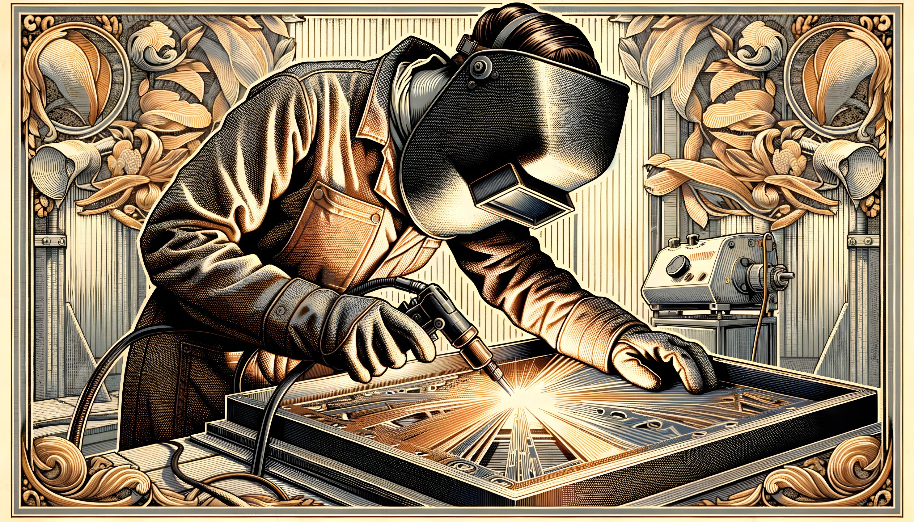 Welder at Work with Floral Background Design