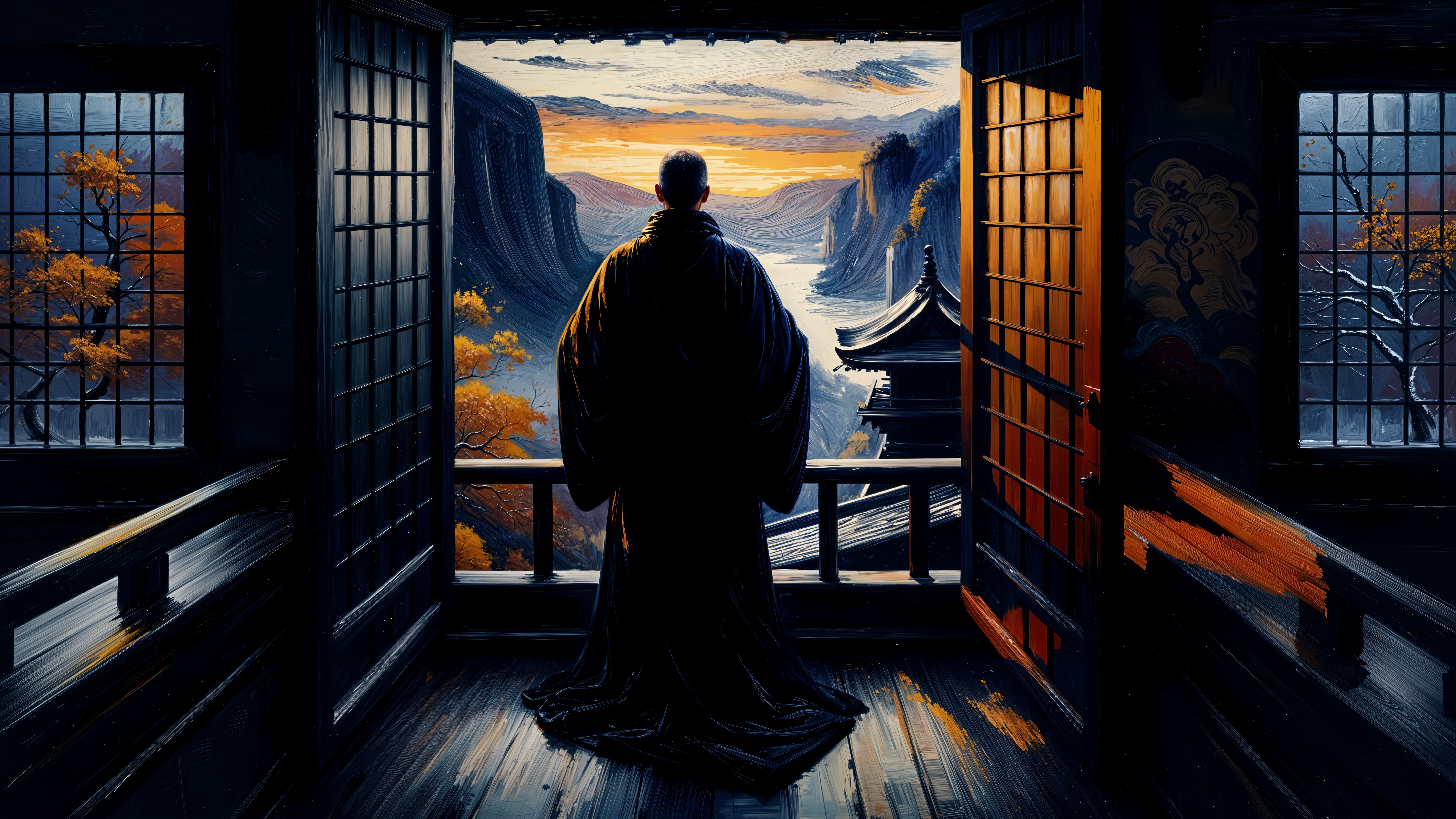 Figure in Traditional Attire at Wooden Doorway with Landscape