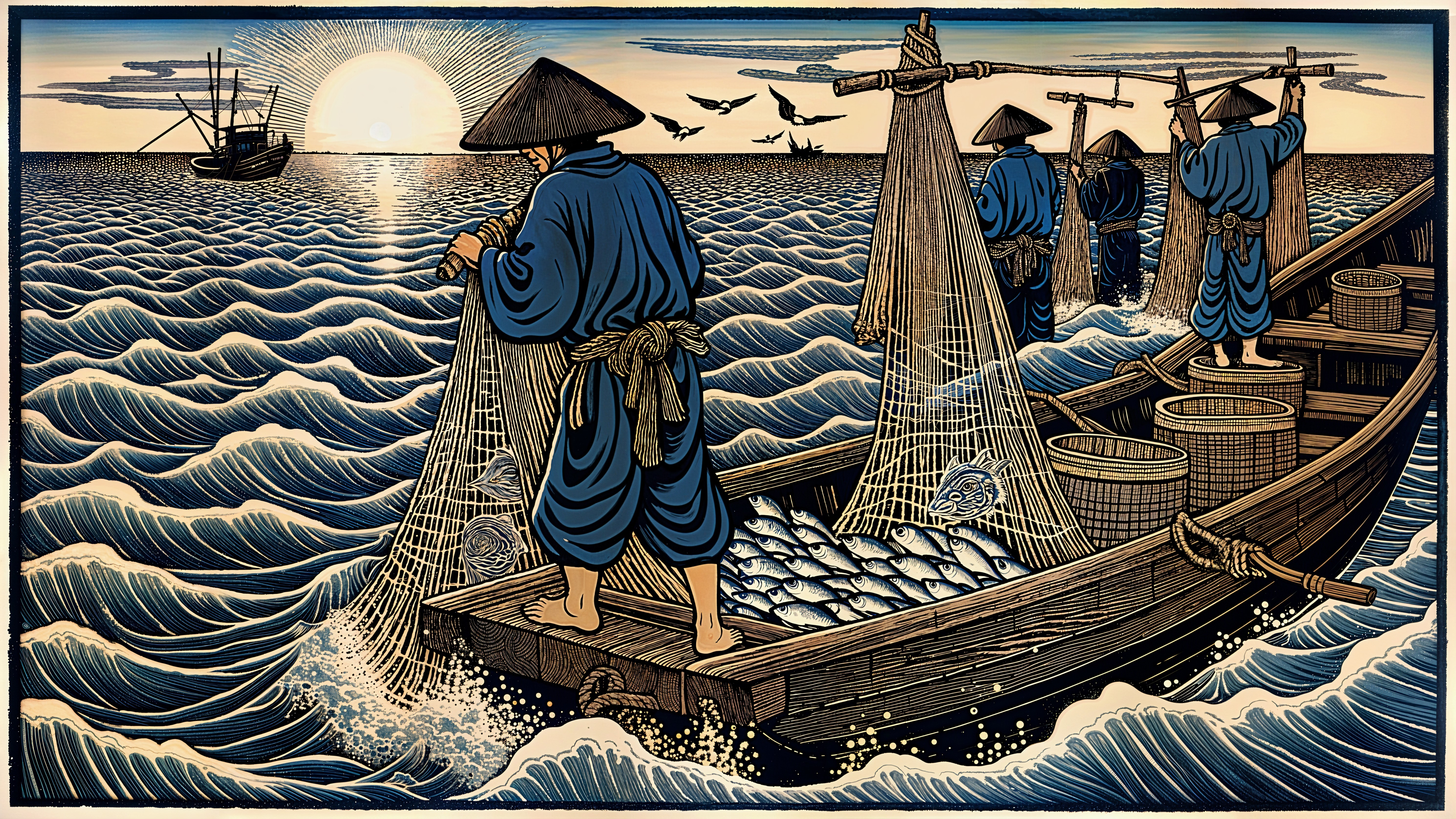 Fishermen in Blue Attire Casting Nets at Sunrise