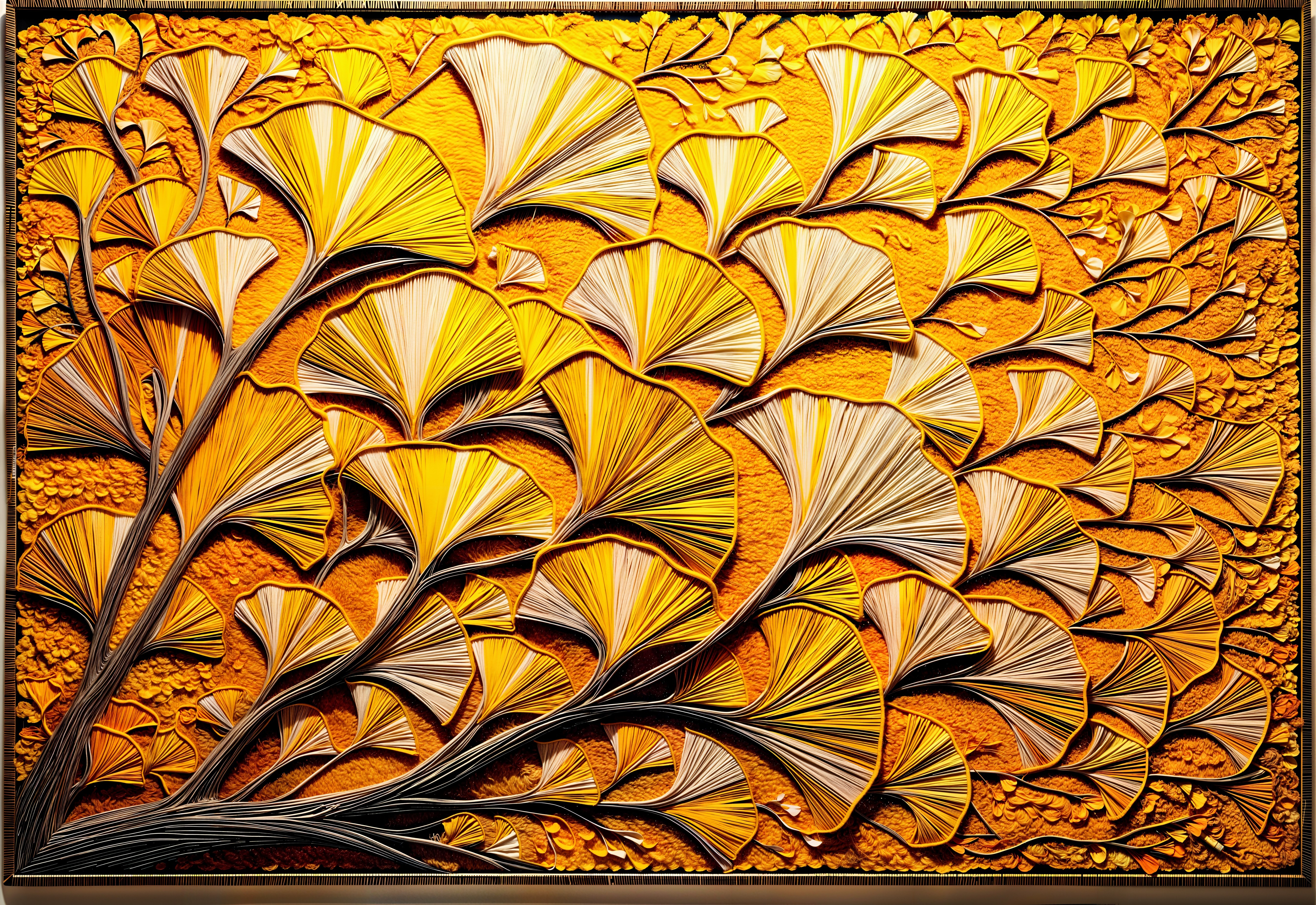 Textured Artwork of Ginkgo Leaves in Yellow and Cream
